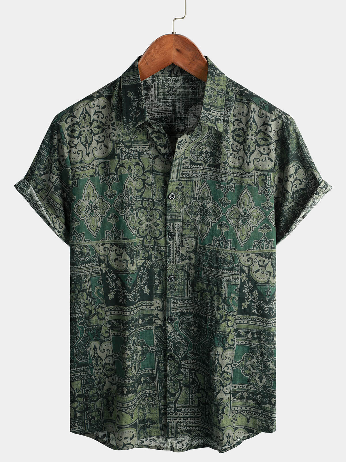 Camisa retro floral Paisley estampado de algodón Button Up vintage Holiday Western Green de manga corta para hombre