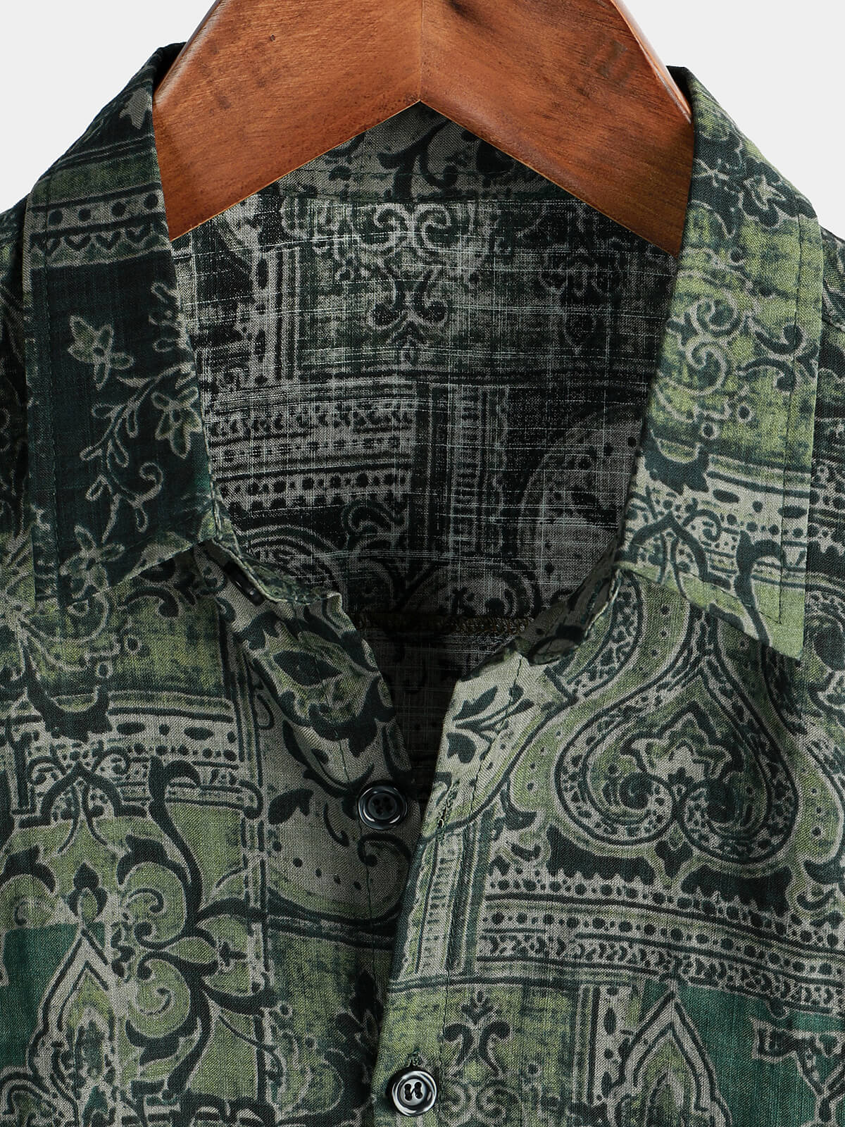 Camisa retro floral Paisley estampado de algodón Button Up vintage Holiday Western Green de manga corta para hombre