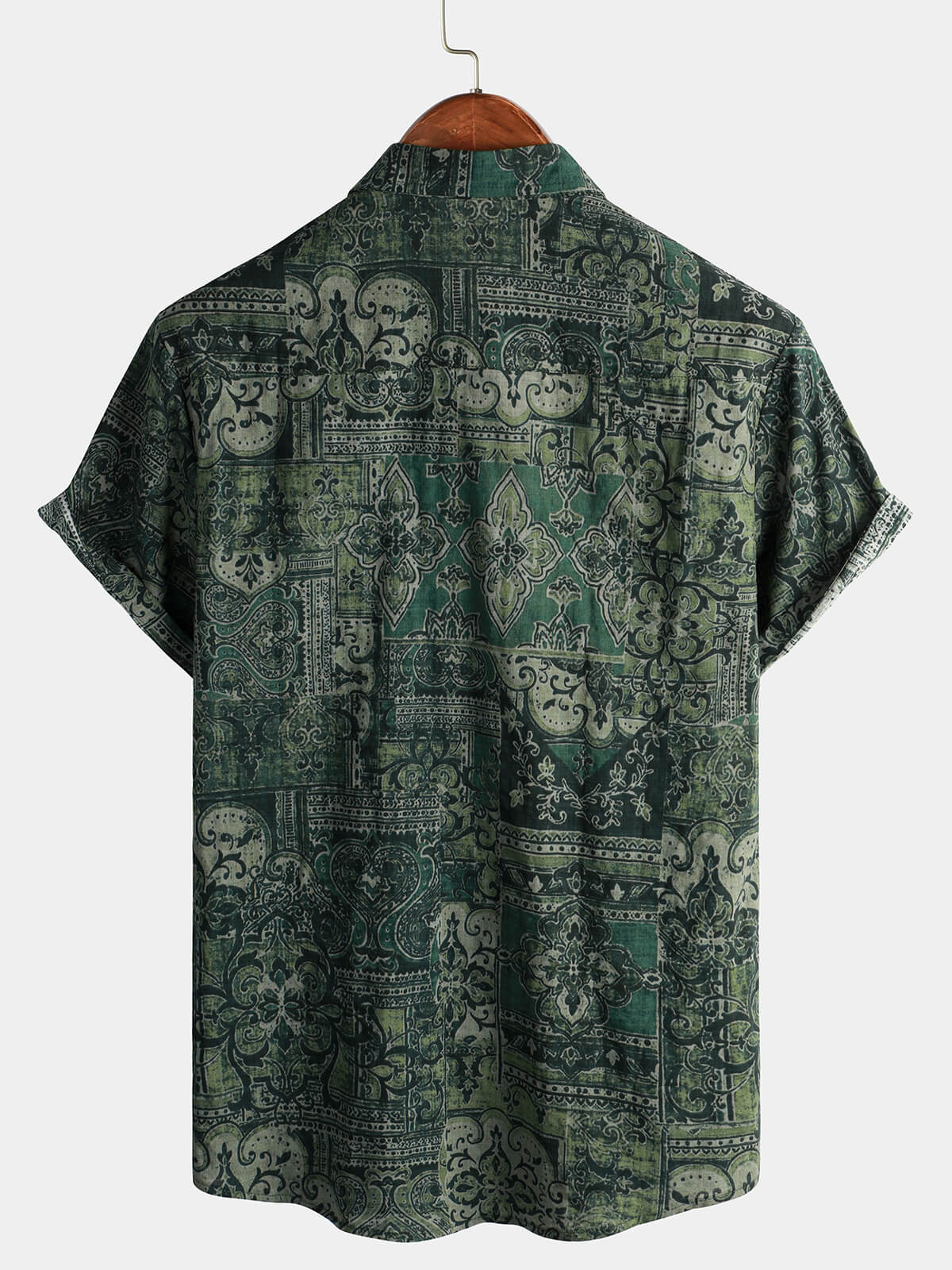 Camisa retro floral Paisley estampado de algodón Button Up vintage Holiday Western Green de manga corta para hombre