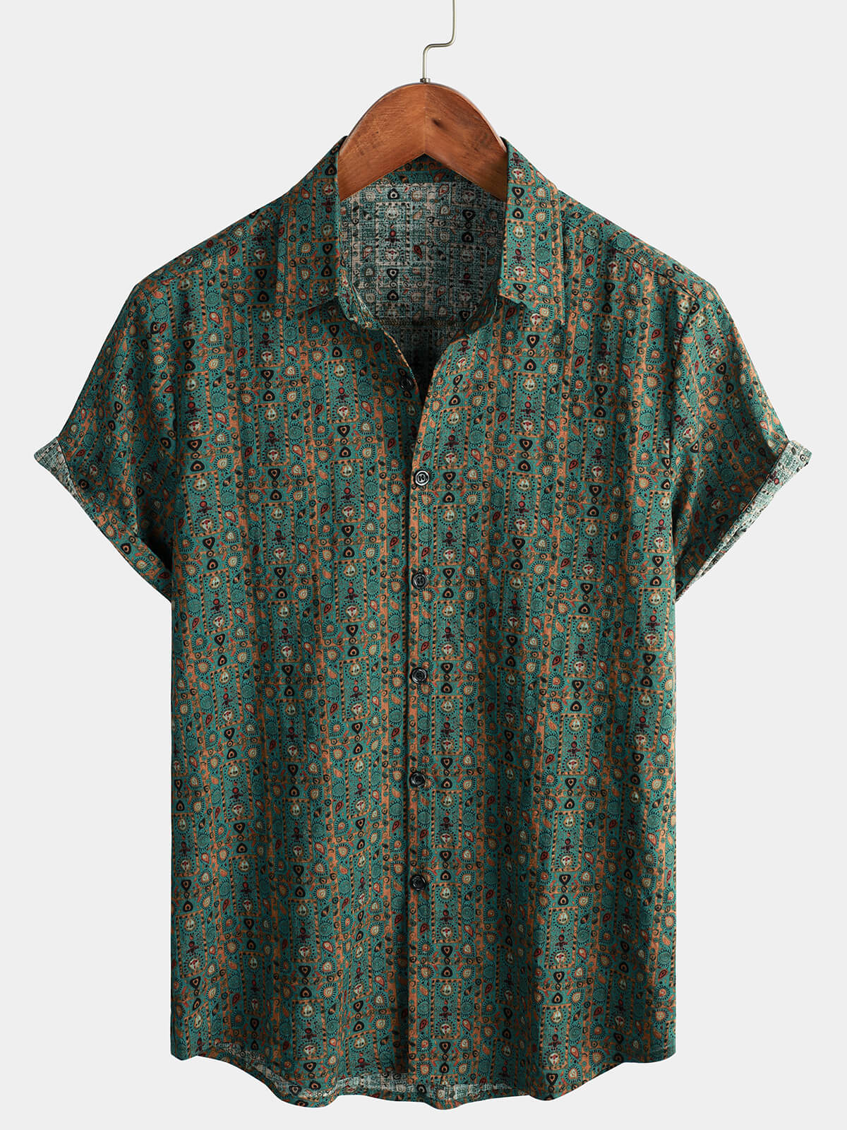 Camisa vintage Paisley estampado 70s Button Up Green Boho retro Tribal de manga corta para hombre