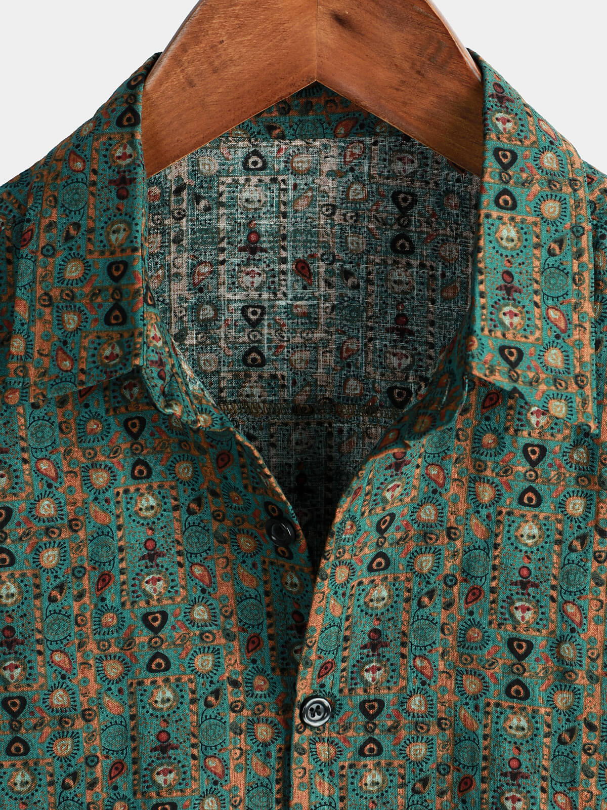Camisa vintage Paisley estampado 70s Button Up Green Boho retro Tribal de manga corta para hombre