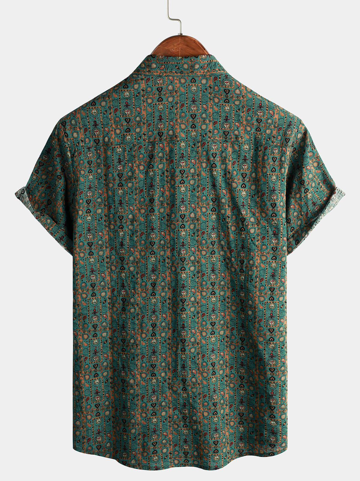 Camisa vintage Paisley estampado 70s Button Up Green Boho retro Tribal de manga corta para hombre