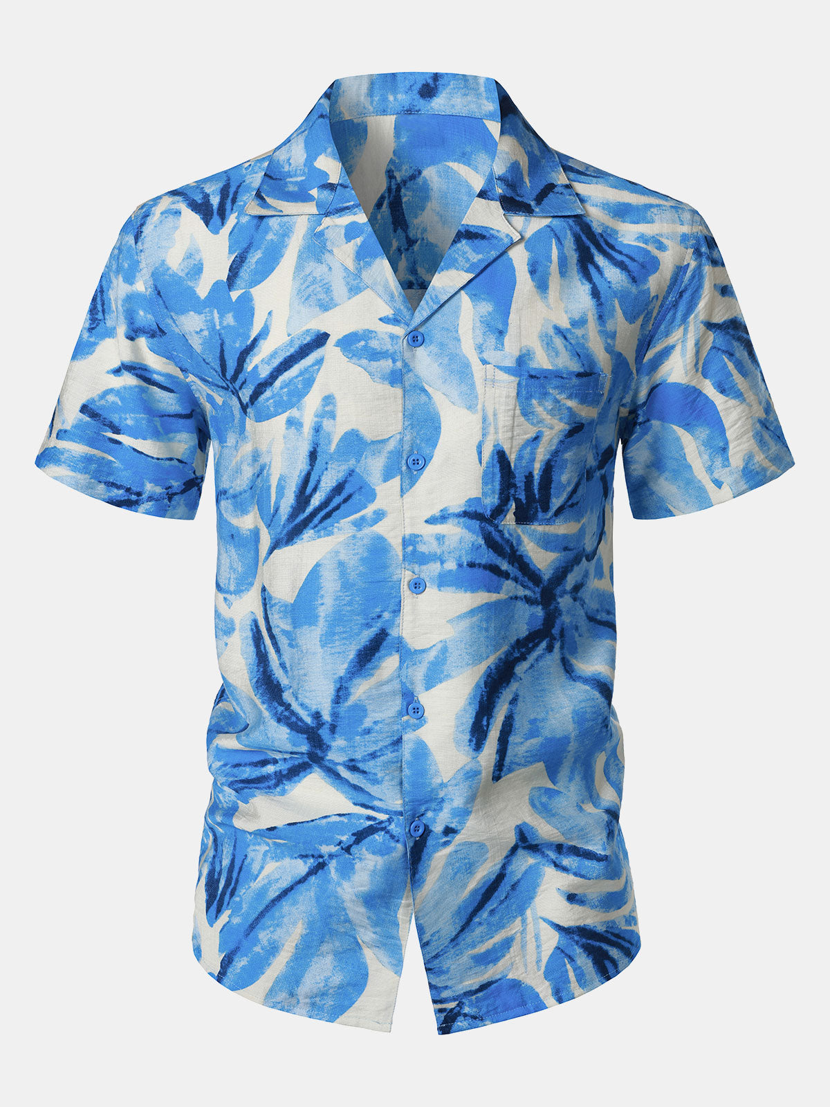 Camisa Blue Tropical Leaves estampado Pocket Hawaiian Cuban Collar de manga corta para hombre