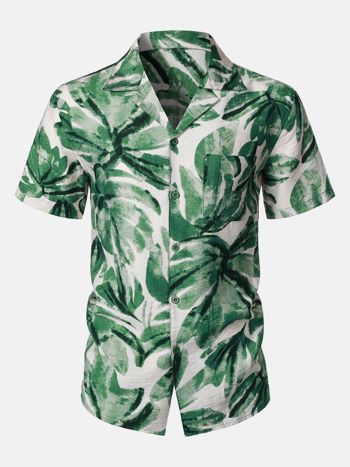 Camisa Green Tropical Leaves estampado Pocket Hawaiian de manga corta para hombre