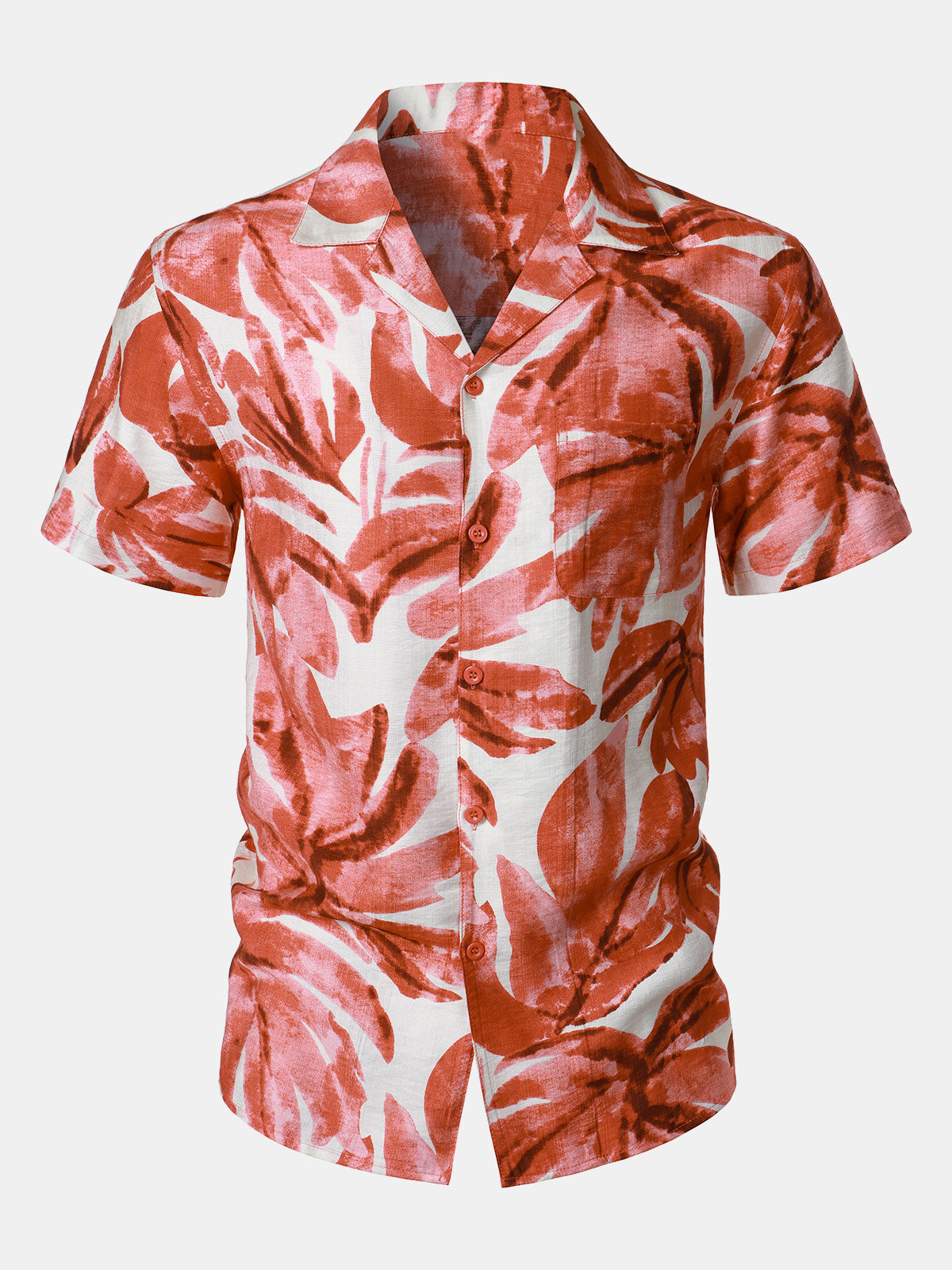 Camisa Red Tropical Leaves estampado Pocket Hawaiian de manga corta para hombre