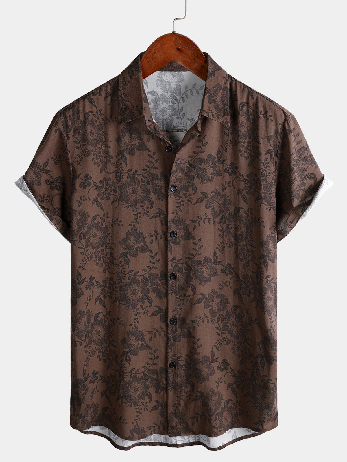 Camisa retro Brown floral Holiday Wear de manga corta para hombre