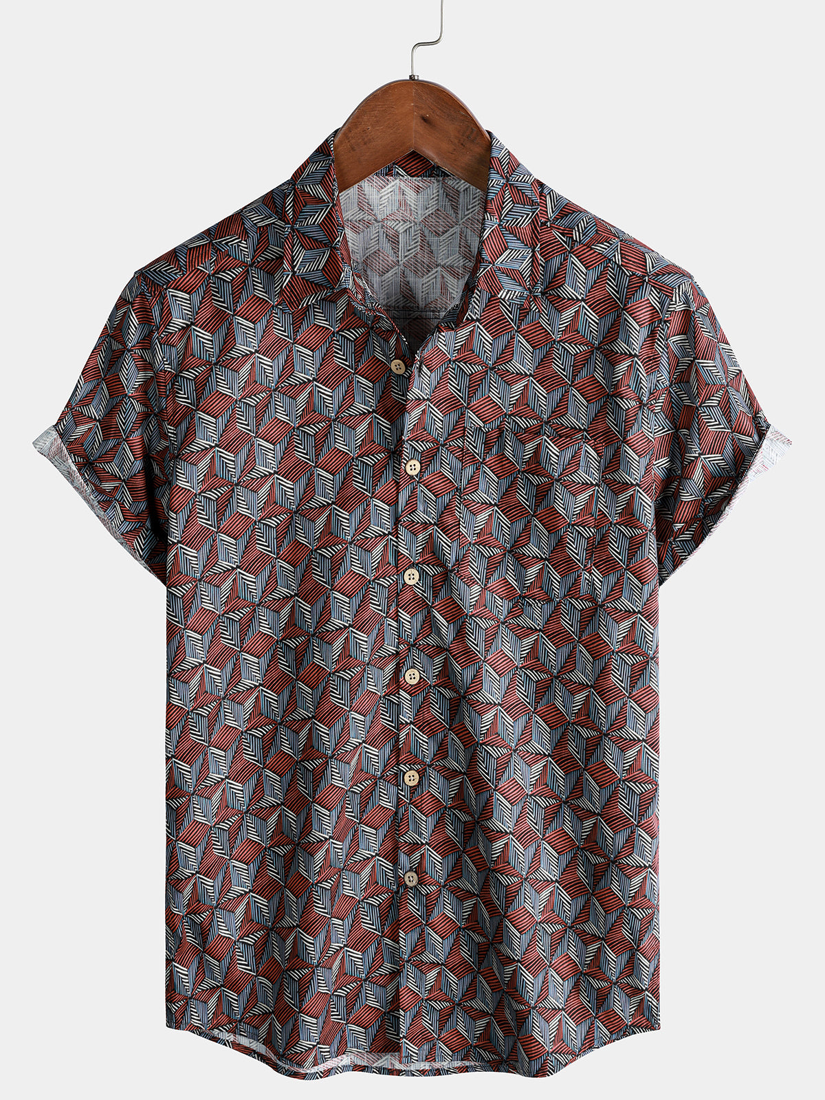Camisa Geometric Pattern de manga corta Button Up transpirable Cool Everyday casual para hombre