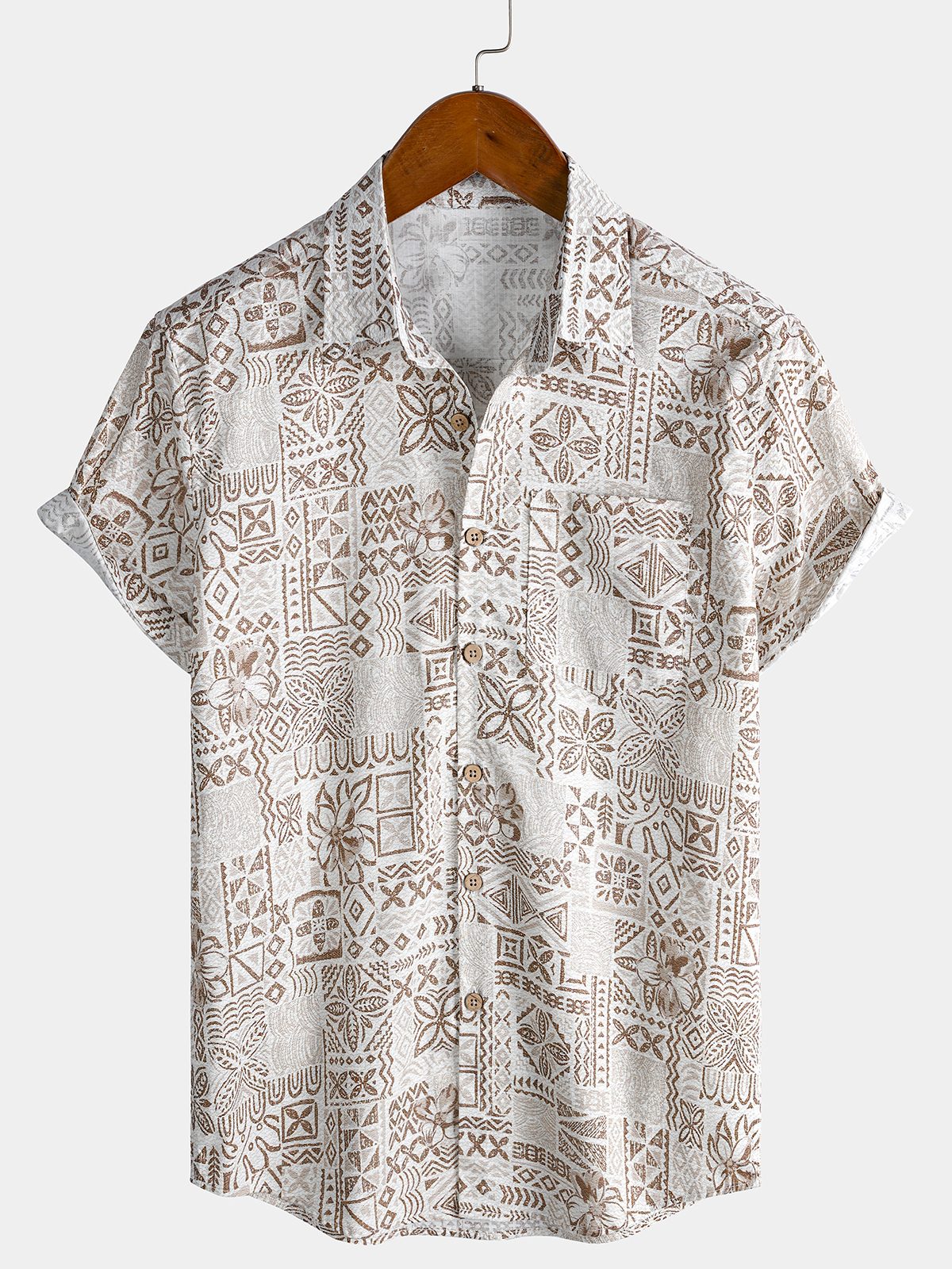 De manga corta de algodón transpirable Bohemian retro Geometric estampado Resorcamiseta para hombre