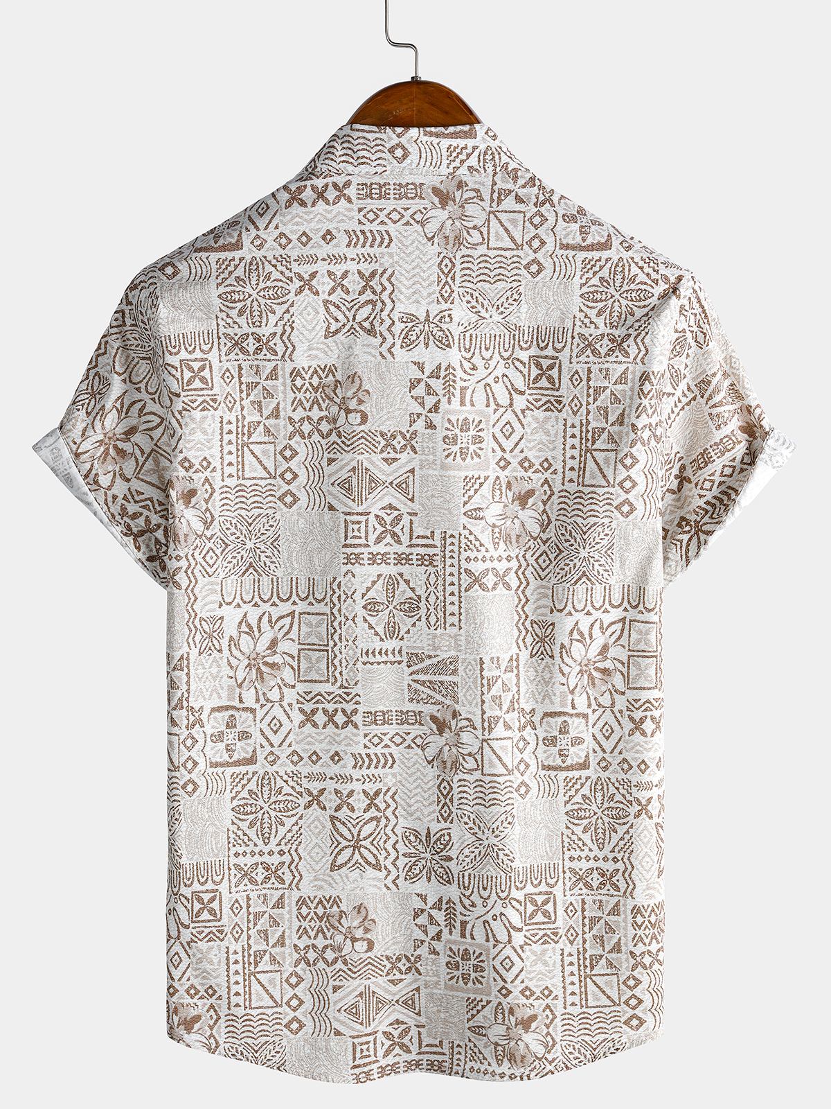 De manga corta de algodón transpirable Bohemian retro Geometric estampado Resorcamiseta para hombre