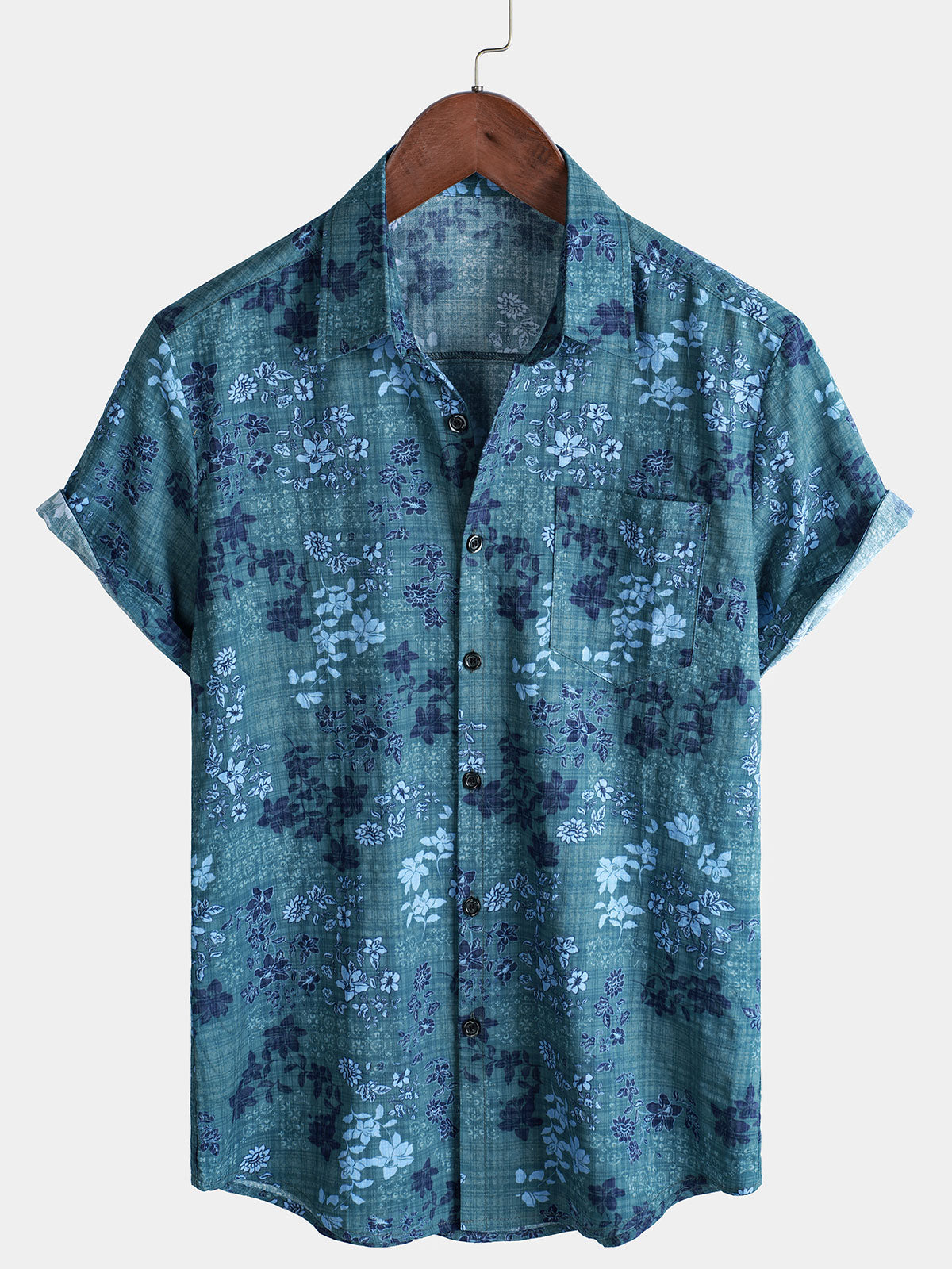 Camisa Blue floral Holiday casual Pocket de manga corta retro para hombre