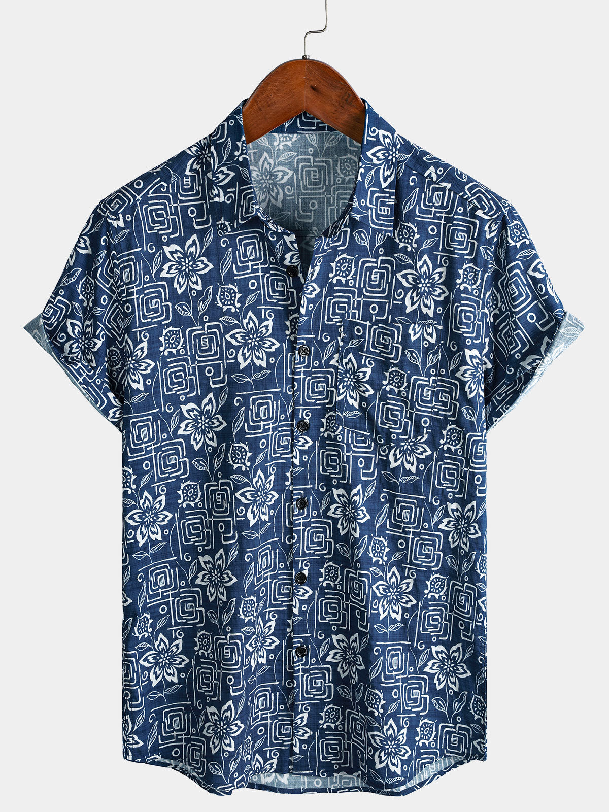 Camisa Boho casual Navy Blue Geometric floral estampado de manga corta para hombre
