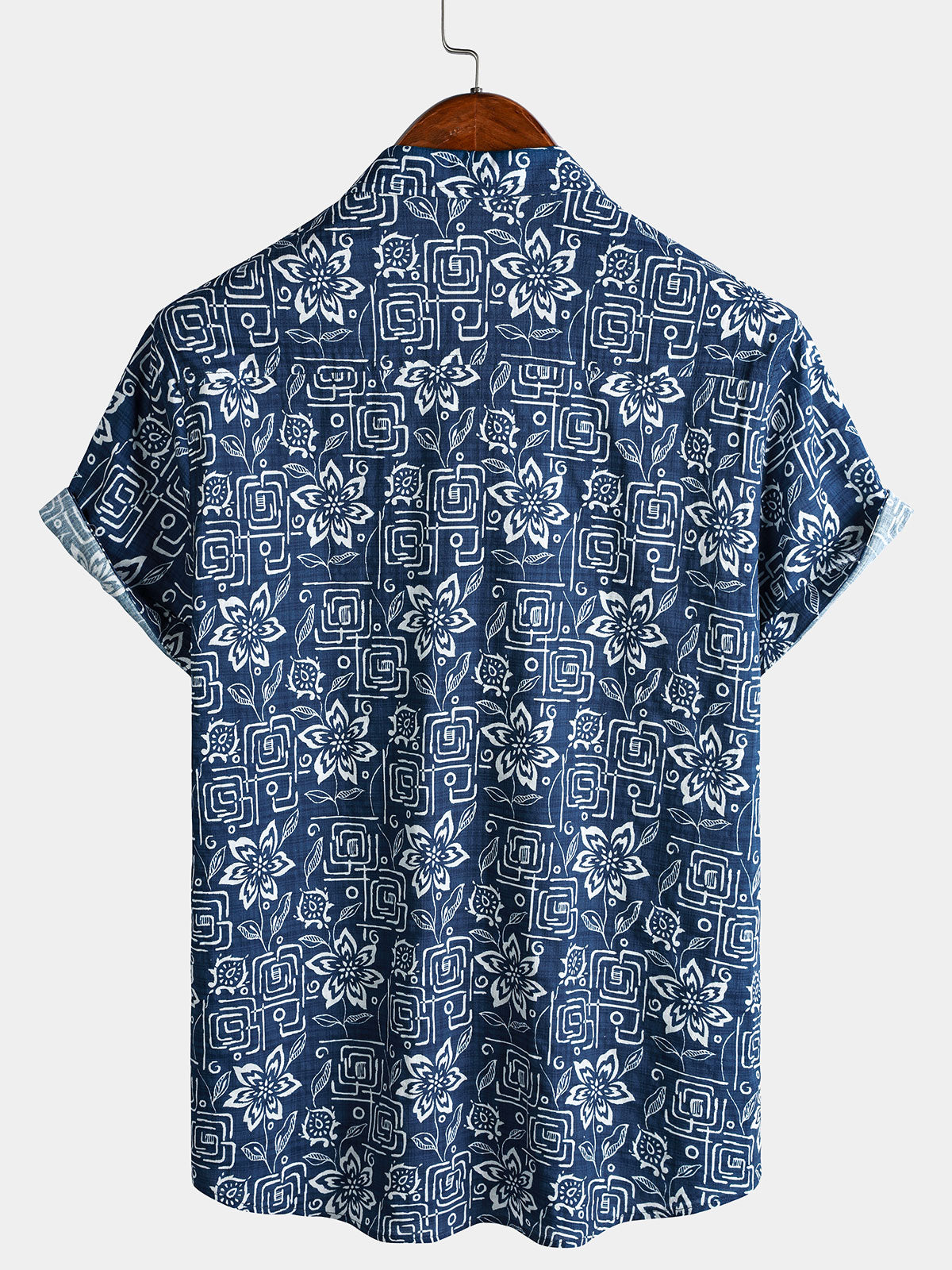 Camisa Boho casual Navy Blue Geometric floral estampado de manga corta para hombre