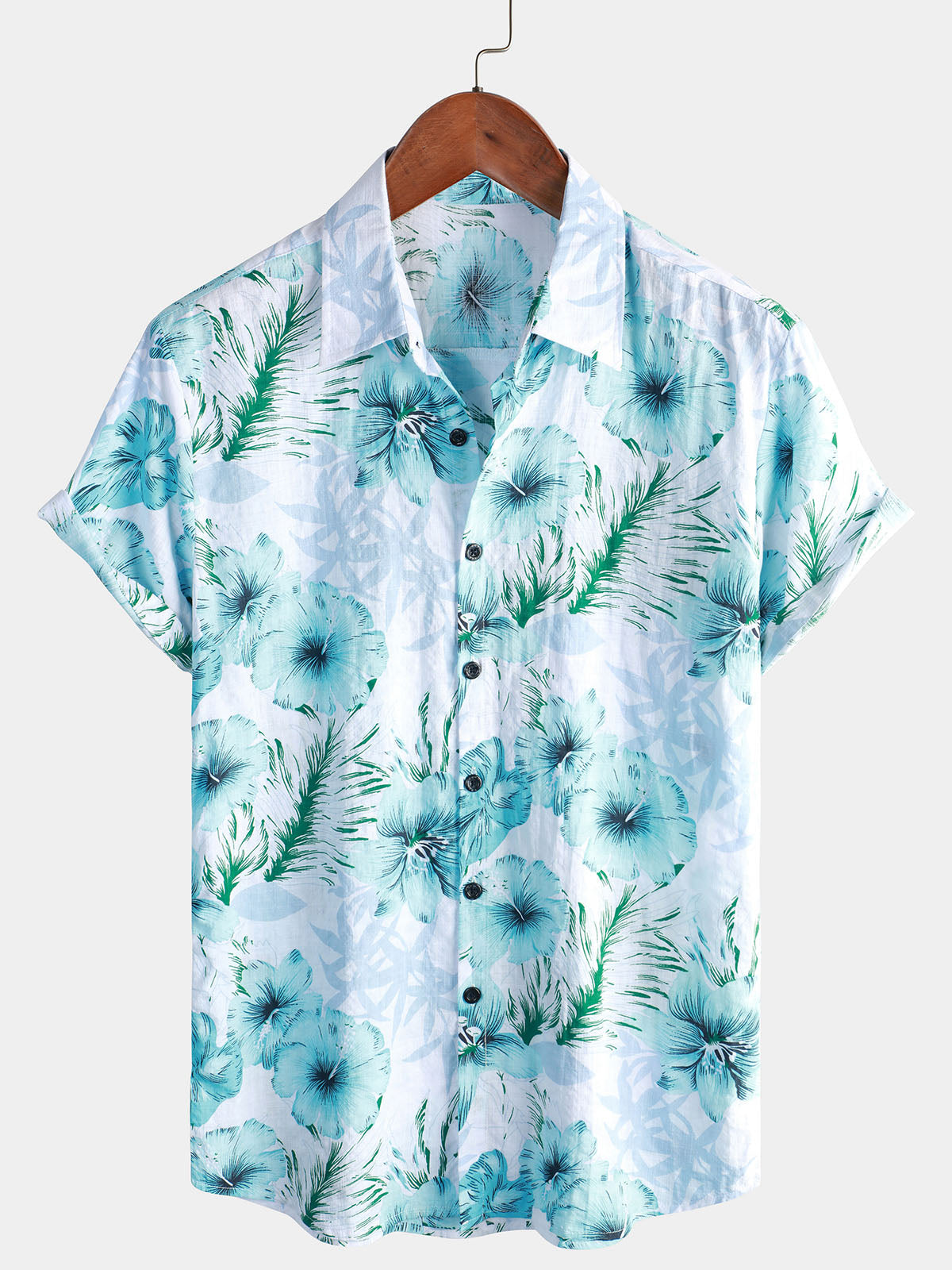 Camisa floral Tropical Button Up Blue Hibiscus Summer Holiday Beach Hawaiian de manga corta para hombre
