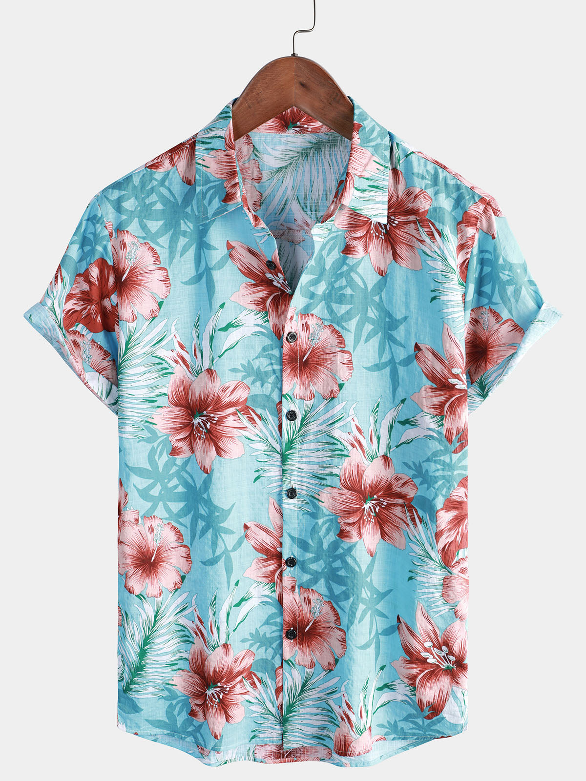 Camisa Hawaiian Tropical Button Hibiscus floral estampado Vacation Beach Blue de manga corta para hombre