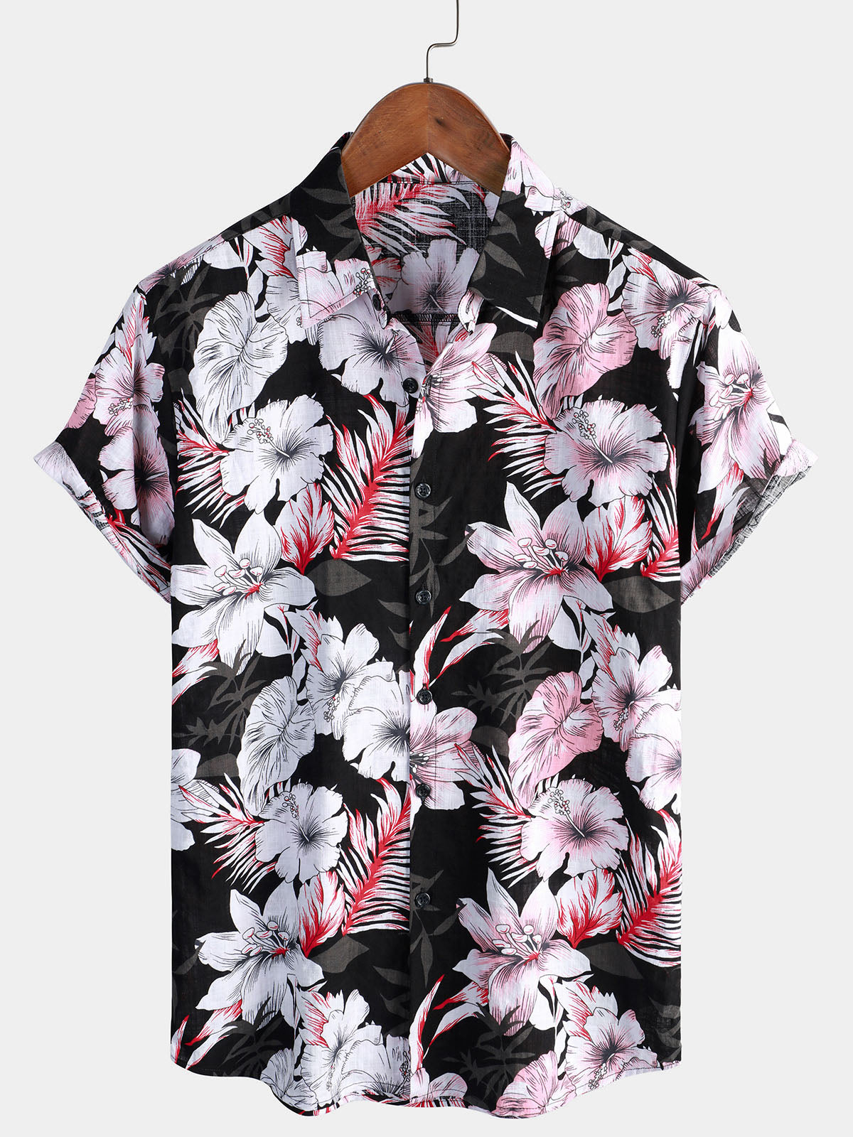 Camisa Tropical Pink floral Button Up Hibiscus Summer Holiday Beach Hawaiian de manga corta para hombre