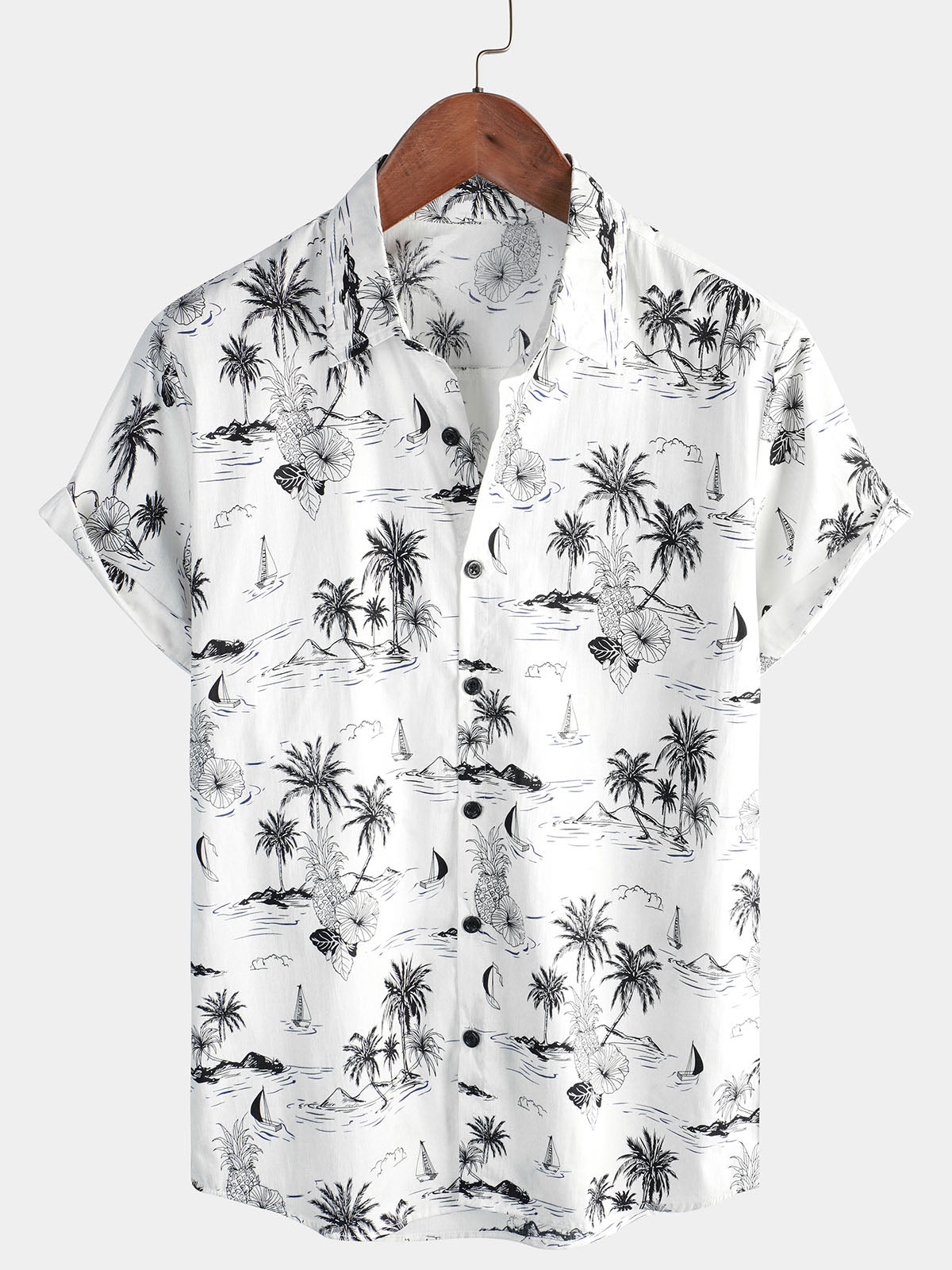 Camisa Tropical Pineapple Palm Tree estampado Aloha de manga corta White Hawaiian para hombre