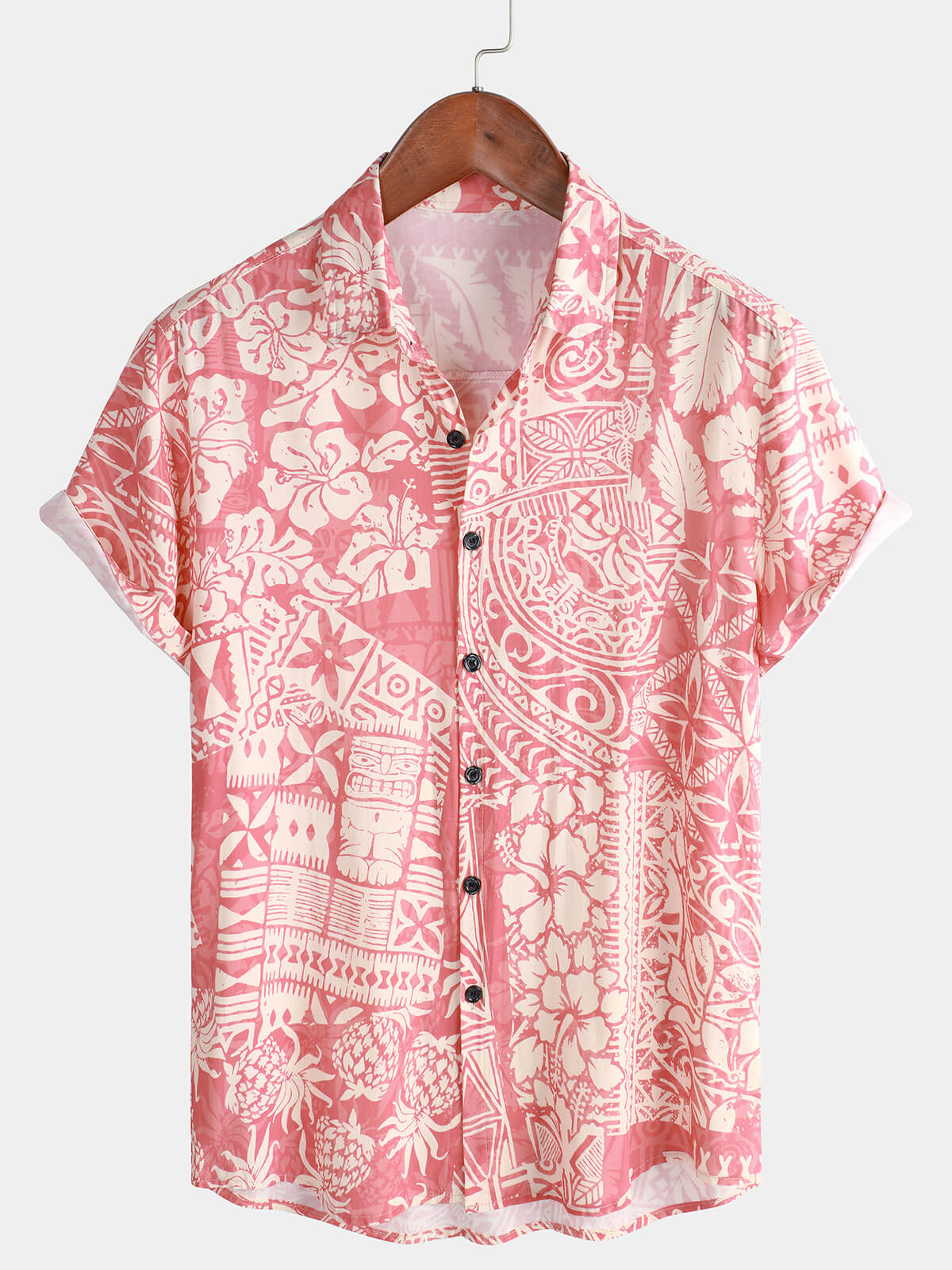 Camisa Pink Tropical floral Holiday Hawaiian de manga corta Button Up para hombre
