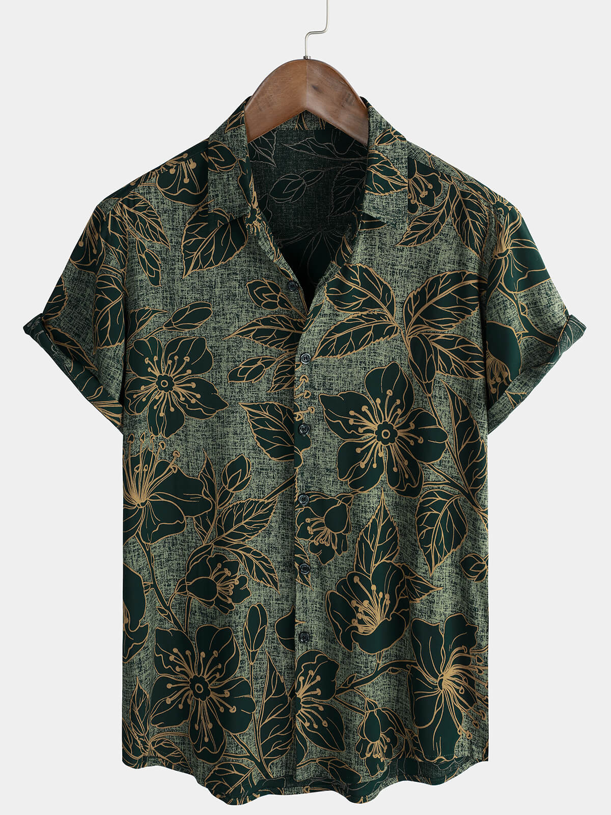 Camisa floral vintage Green Summer Holiday Button Up de manga corta para hombre