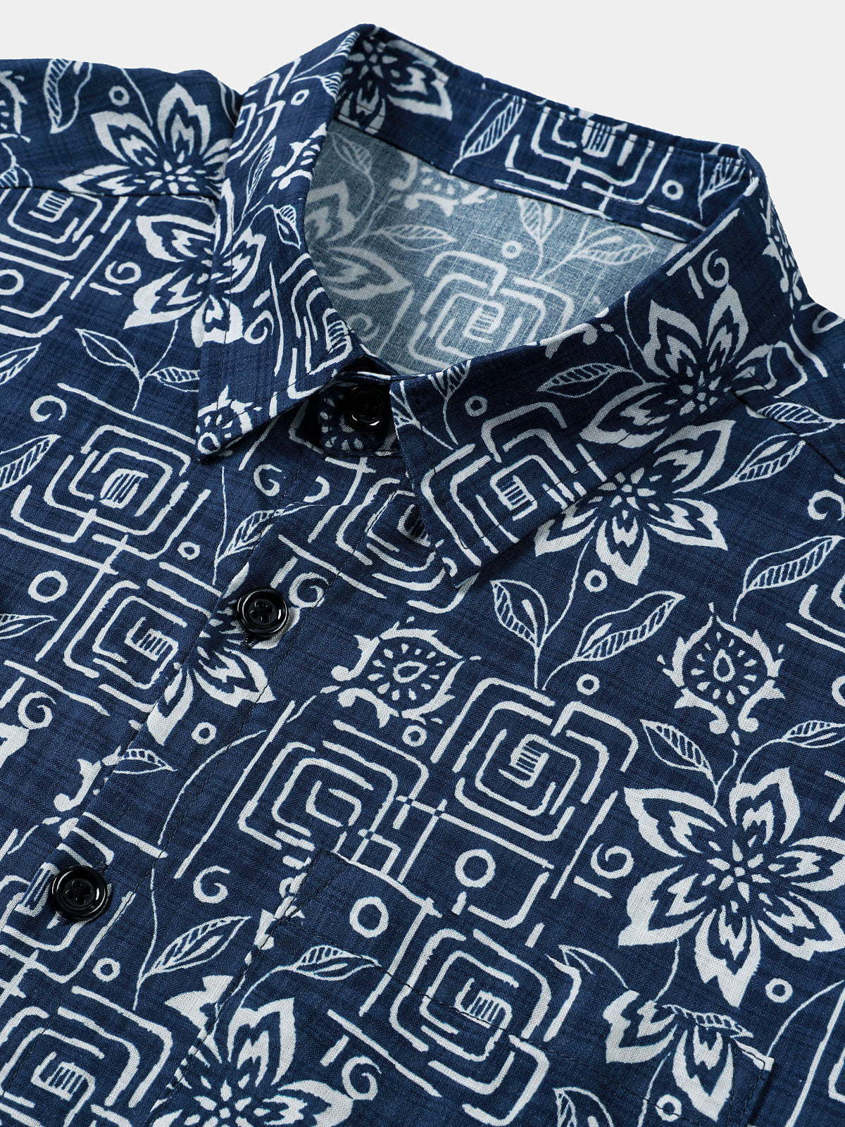 Camisa Boho casual Navy Blue Geometric floral estampado de manga corta para hombre