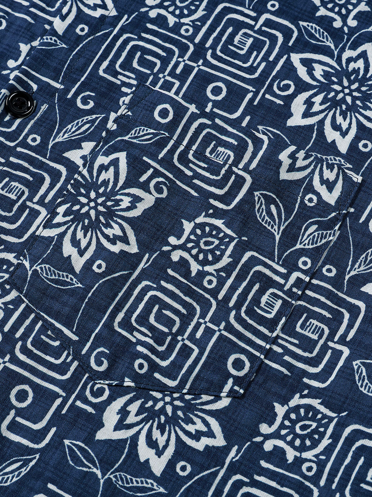 Camisa Boho casual Navy Blue Geometric floral estampado de manga corta para hombre