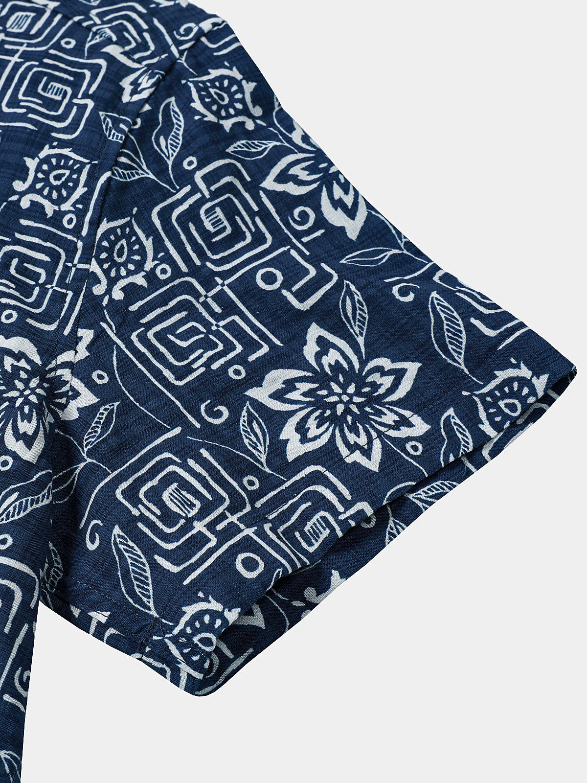 Camisa Boho casual Navy Blue Geometric floral estampado de manga corta para hombre