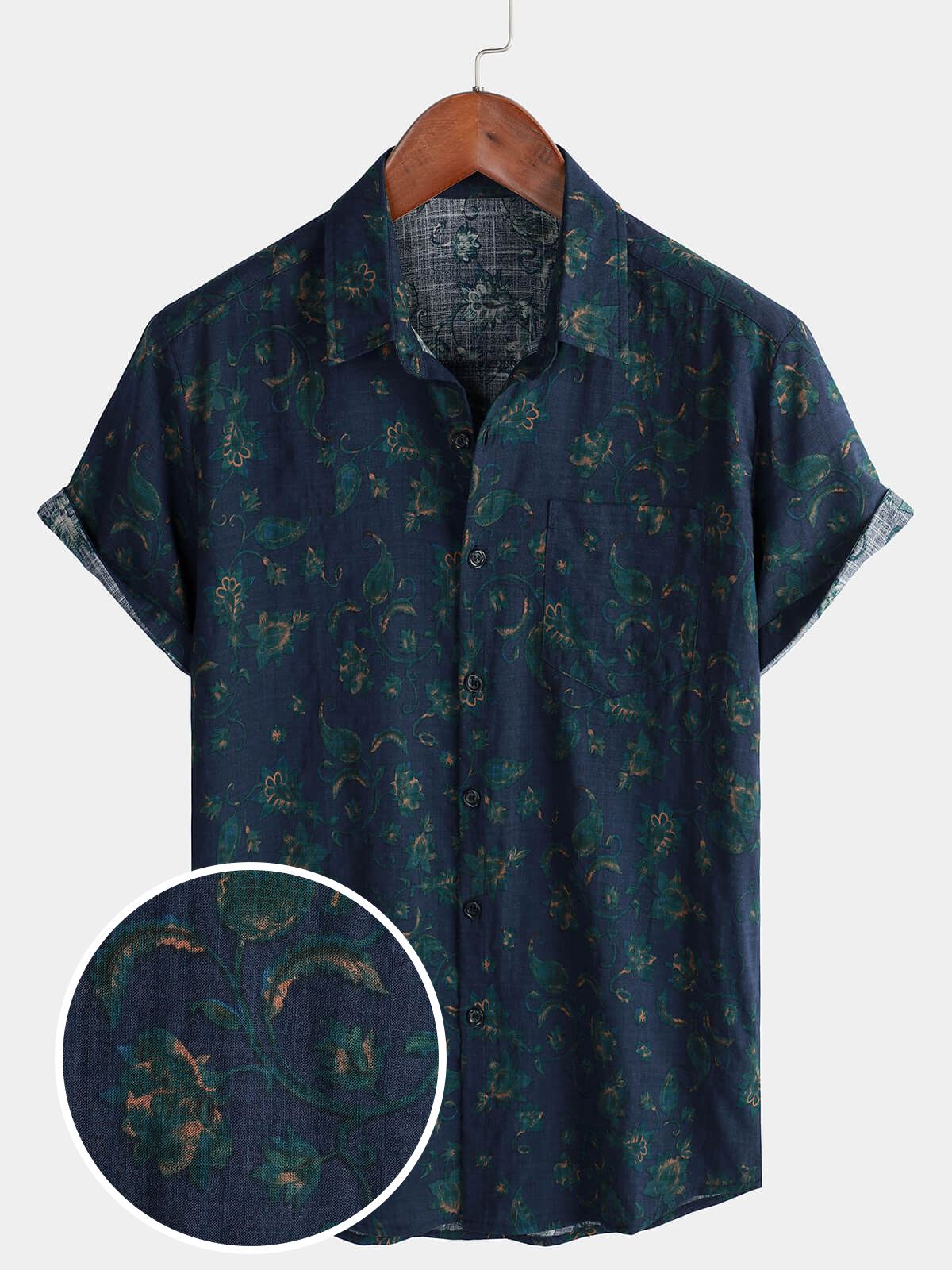 Camisa Blue floral Holiday casual Pocket de manga corta Button Up para hombre