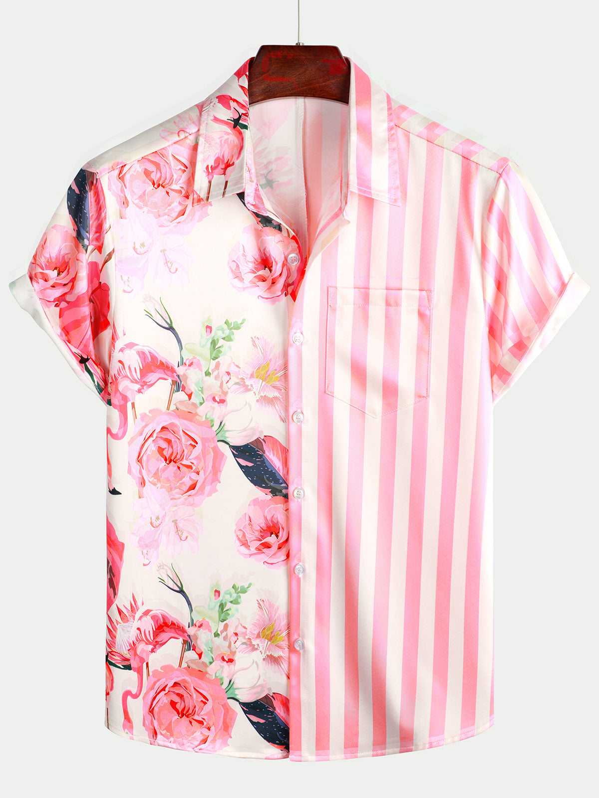 Camisa Tropical Flamingo Pink a rayas estampado Pocket Hawaiian de manga corta para hombre