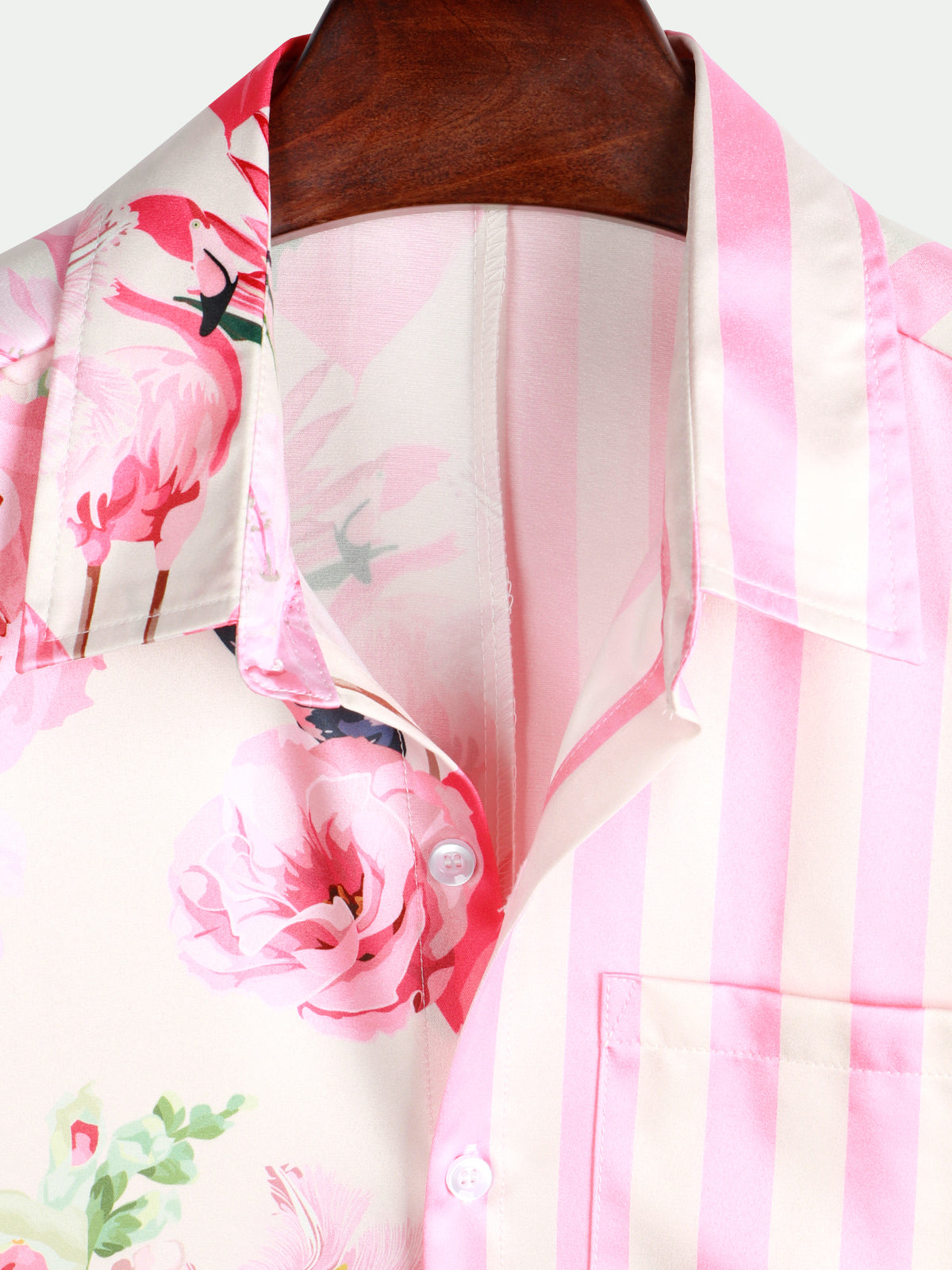 Camisa Tropical Flamingo Pink a rayas estampado Pocket Hawaiian de manga corta para hombre