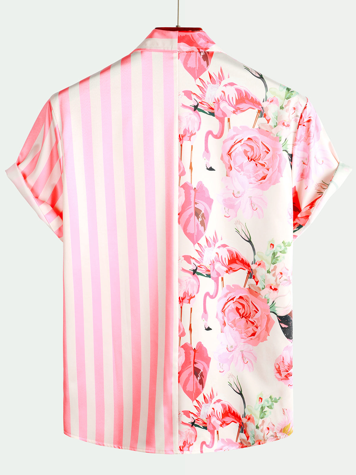 Camisa Tropical Flamingo Pink a rayas estampado Pocket Hawaiian de manga corta para hombre