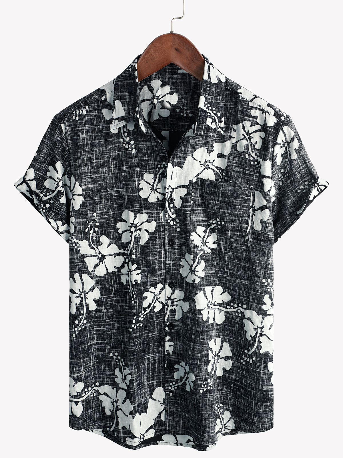 Camisa Black floral vintage de manga corta Button Up Beach Tropical Hawaiian para hombre