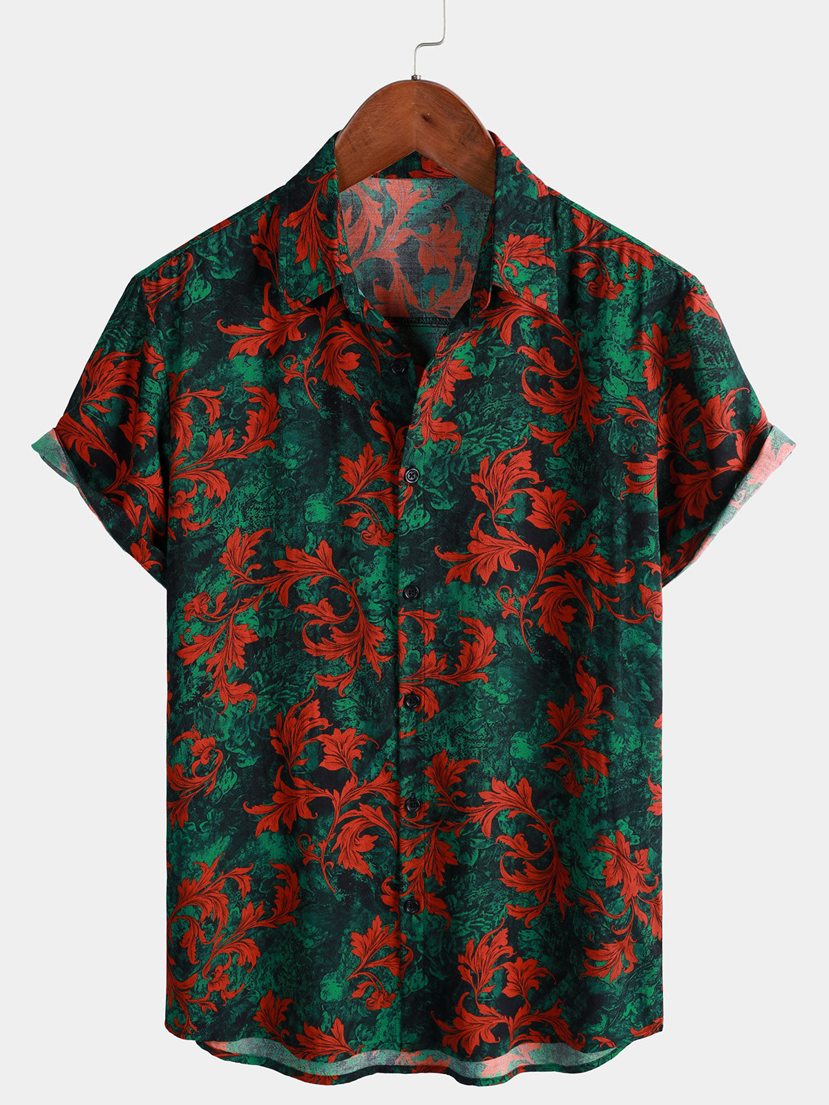 Camisa retro floral estampado de manga corta Button Up para hombre