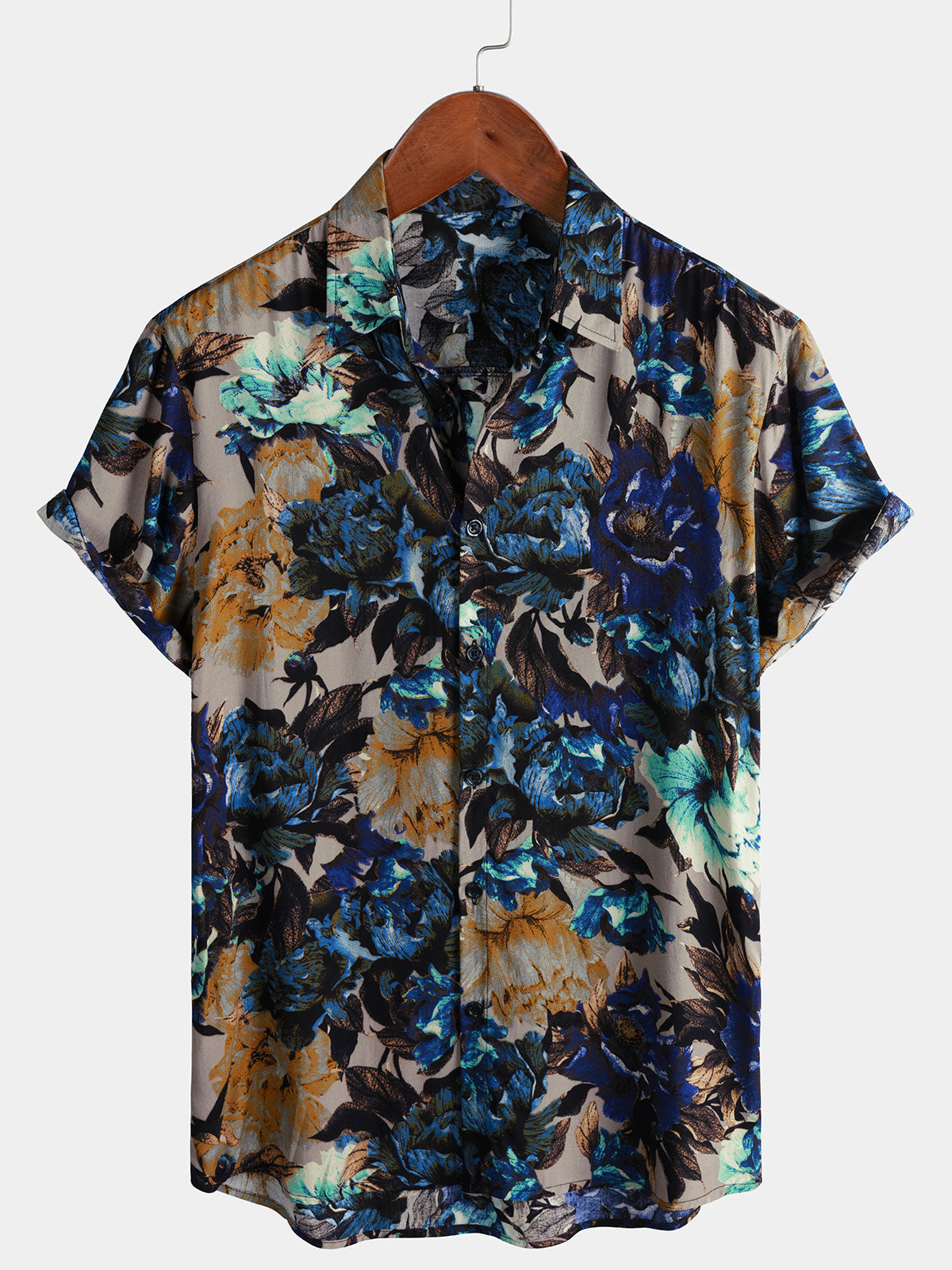 Camisa vintage floral estampado de manga corta Button Up para hombre