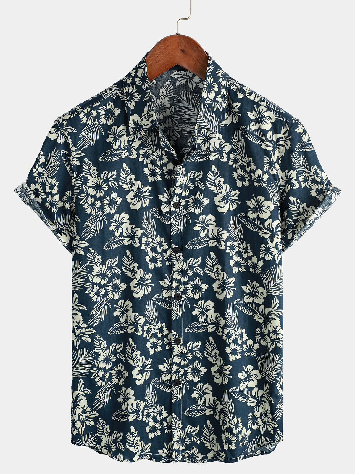 Camisa floral estampado Vacation de algodón transpirable Navy Blue Hawaiian de manga corta Aloha para hombre