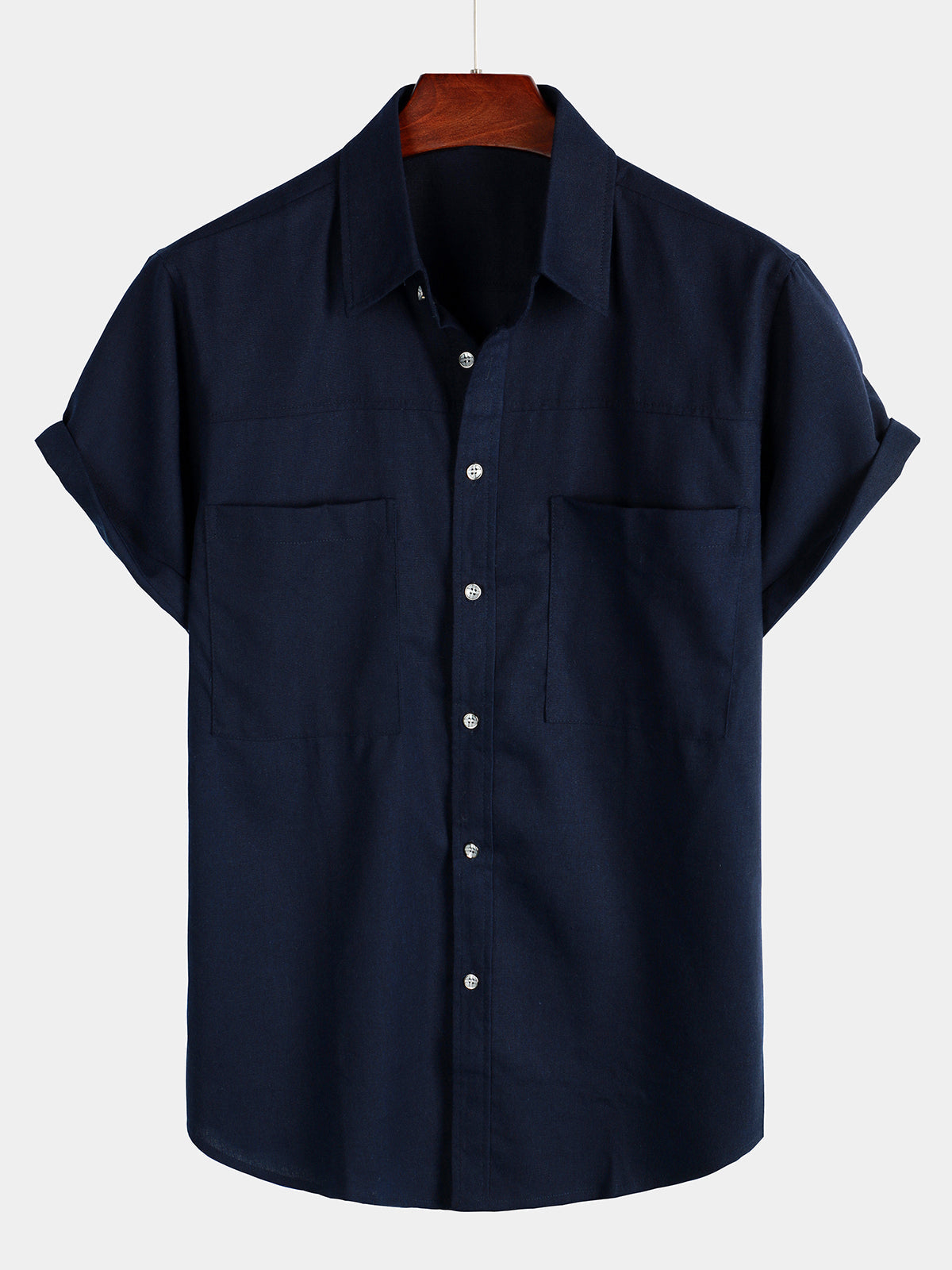 Camisa de algodón & de lino Chest Pockets de color sólido de manga corta para hombre