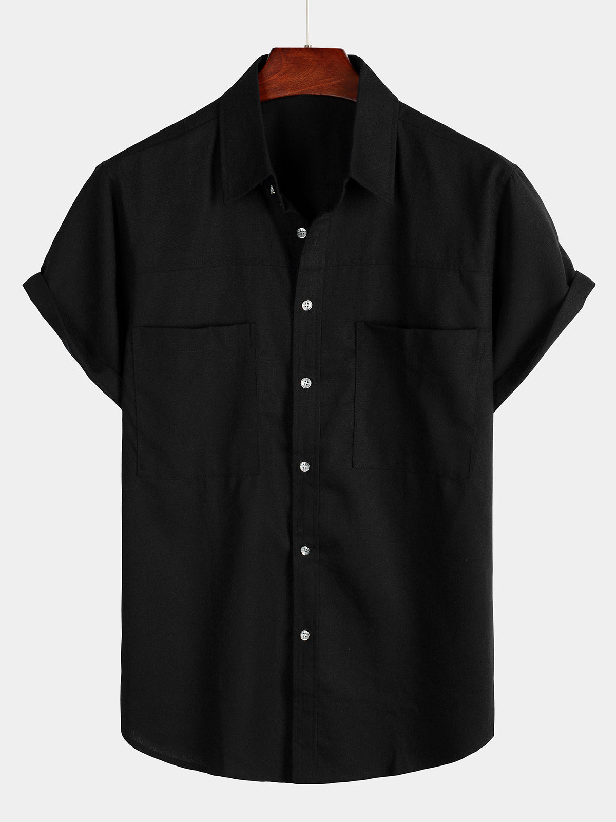 Camisa de algodón & de lino Chest Pockets de color sólido de manga corta para hombre