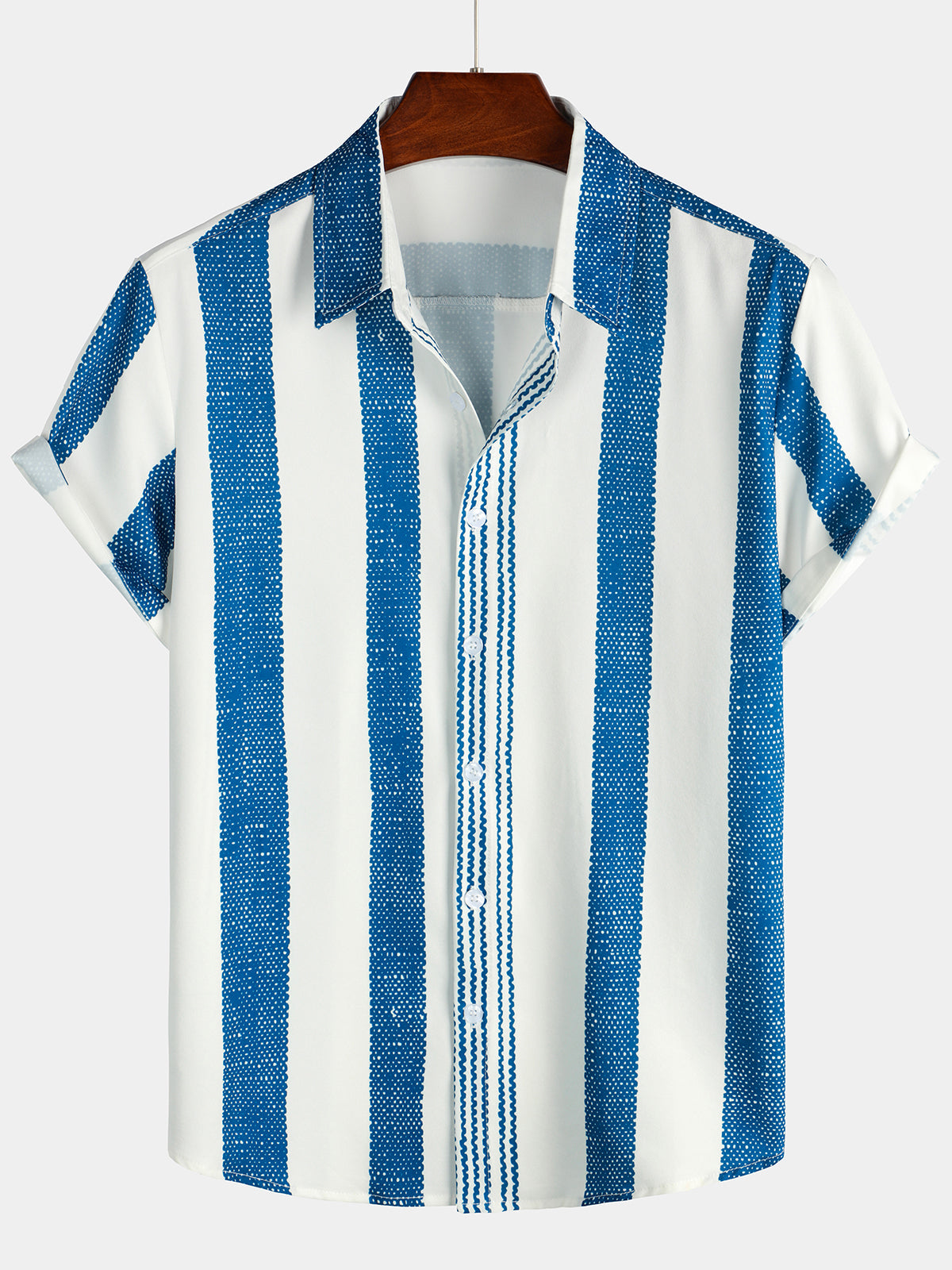 Camisa vintage Blue Vertical a rayas casual de manga corta para hombre