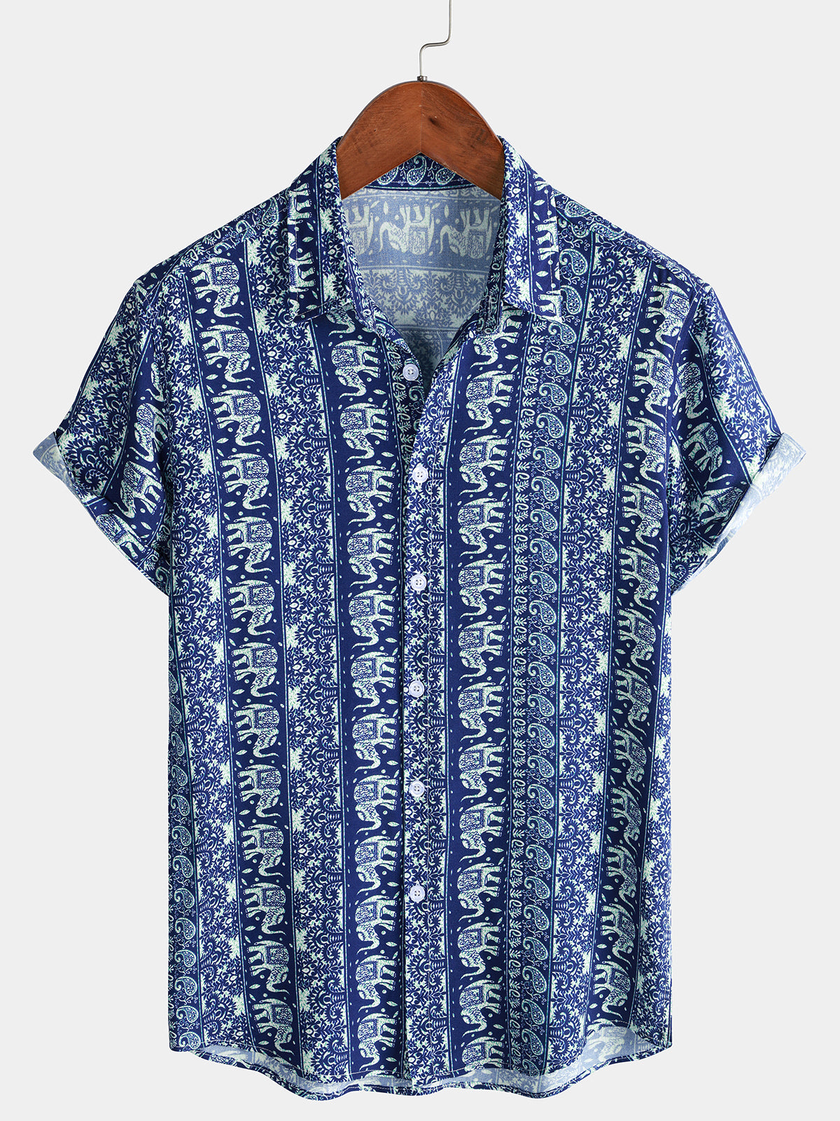 Camisa retro Lightweight transpirable Elephant estampado de manga corta Cool casual Summer para hombre