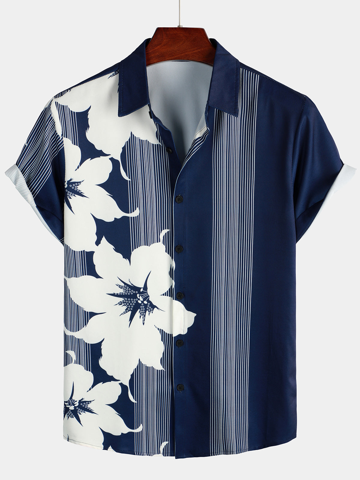 para hombre Vertical Stripe Flower Print Vacation Navy Blue Hawaiian vintage Aloha de manga corta camisa