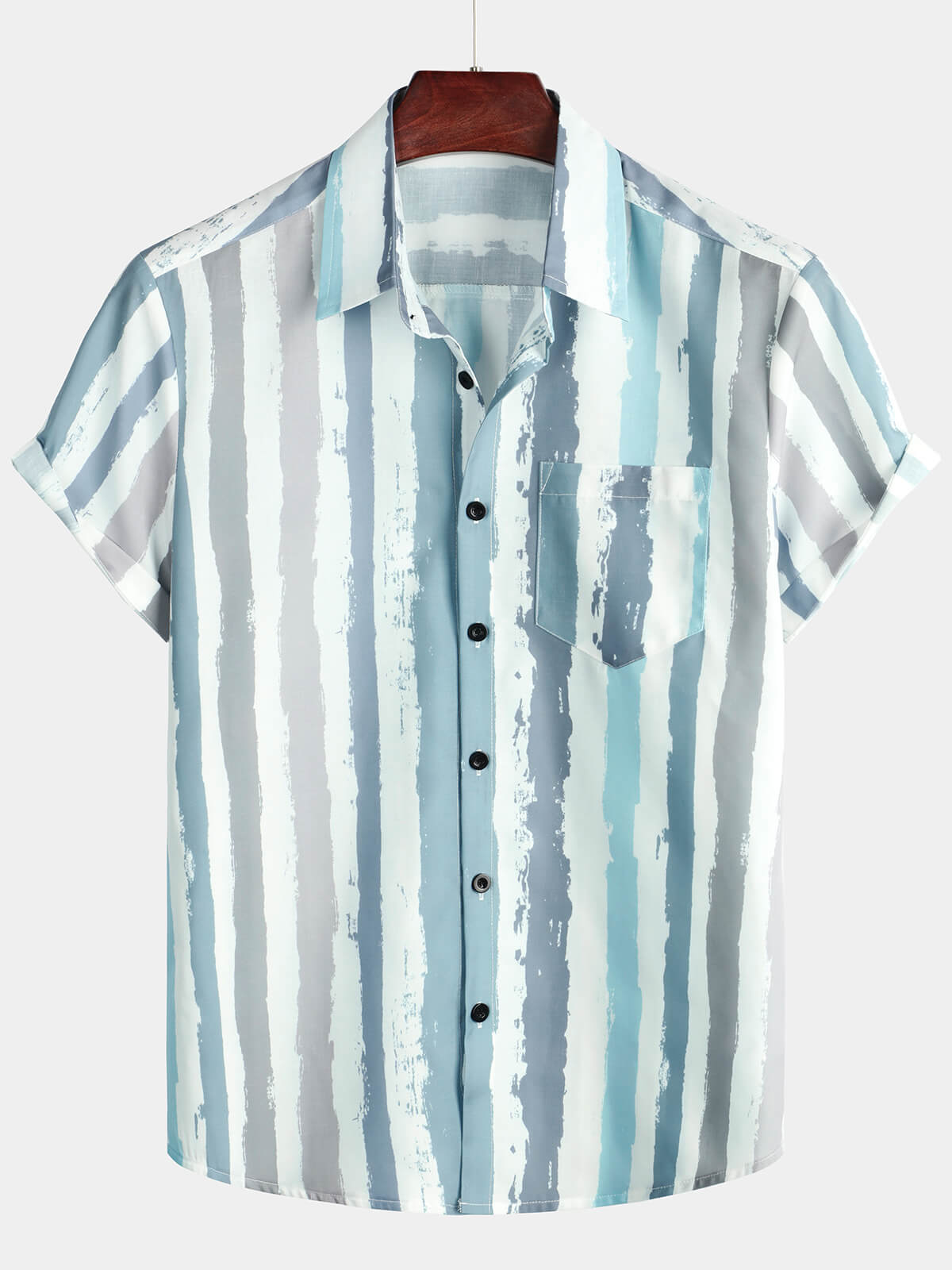 Camisa Grey a rayas casual Pocket Art Button Holiday de manga corta para hombre