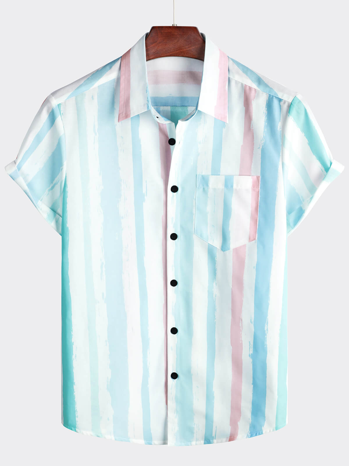 Camisa Blue And Pink a rayas Summer Vacation de manga corta para hombre