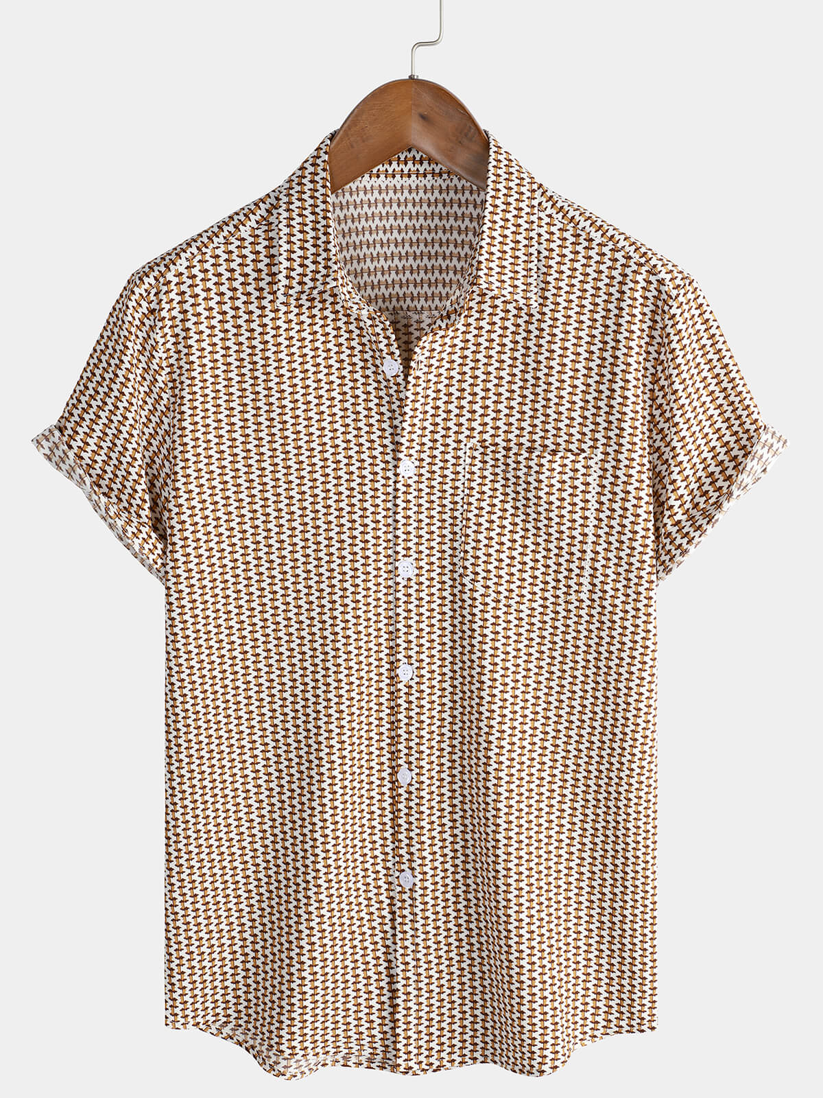 Camisa casual Holiday de manga corta Khaki Button Up para hombre