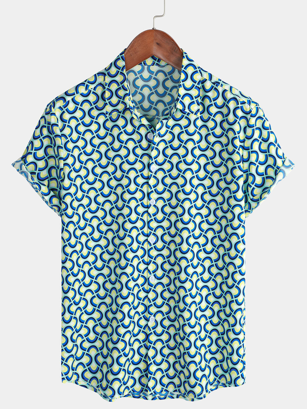 Camisa casual Holiday Geometrie Summer de manga corta Blue Button Up para hombre