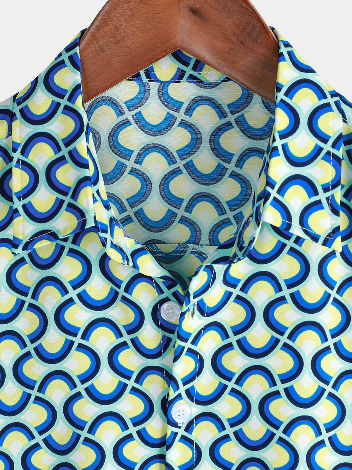 Camisa casual Holiday Geometrie Summer de manga corta Blue Button Up para hombre