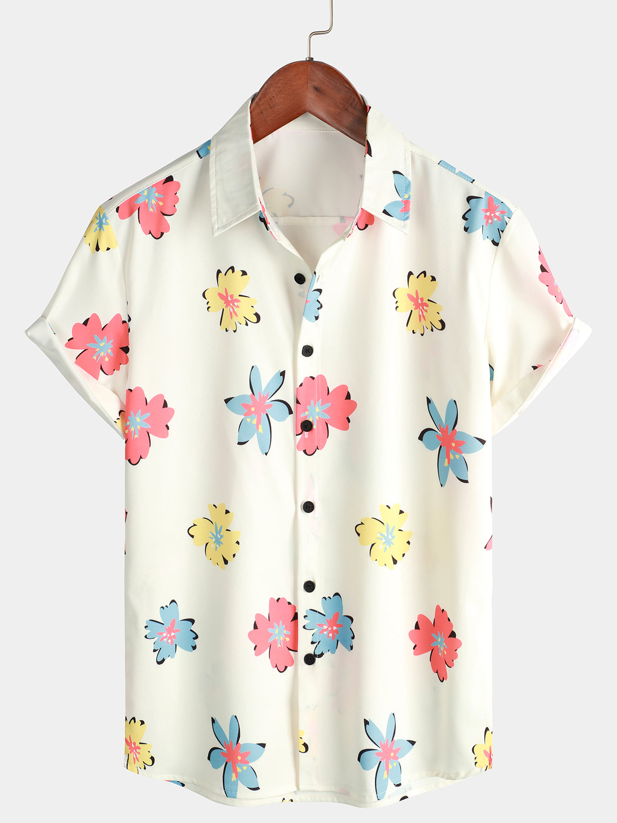 Camisa Summer floral estampado White Top Button Up de manga corta para hombre