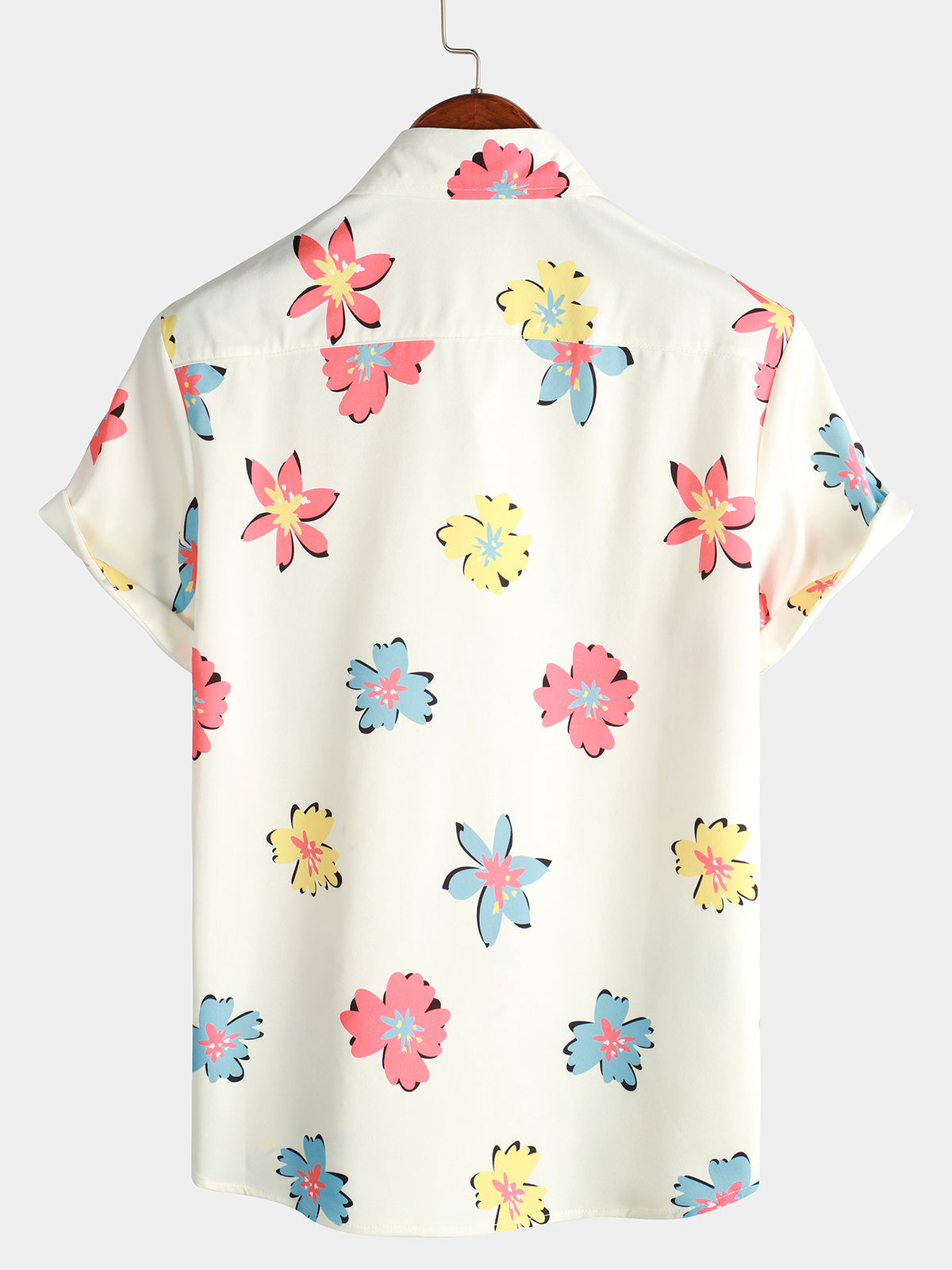 Camisa Summer floral estampado White Top Button Up de manga corta para hombre