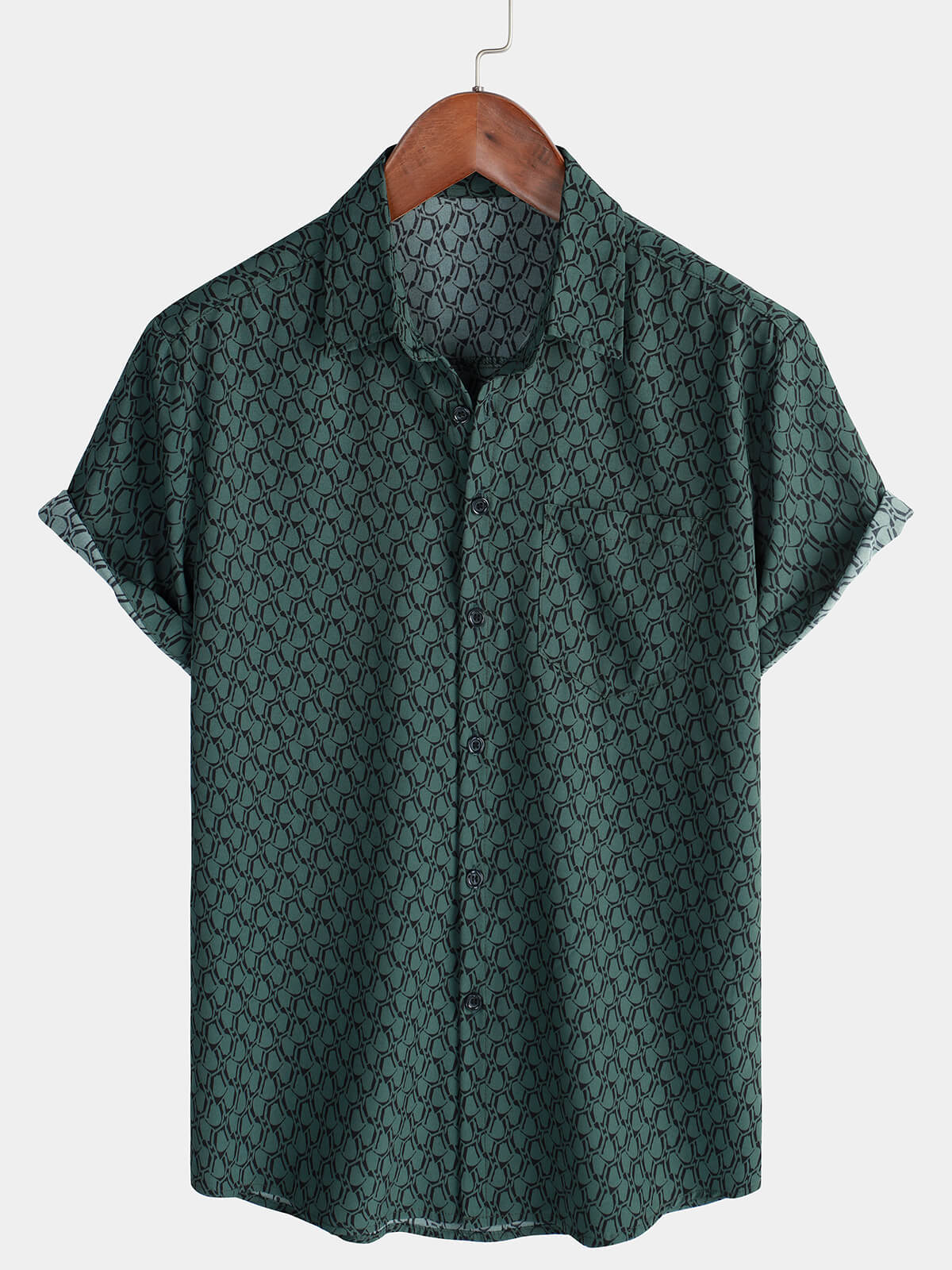 Camisa casual Holiday de manga corta Green Button Up para hombre