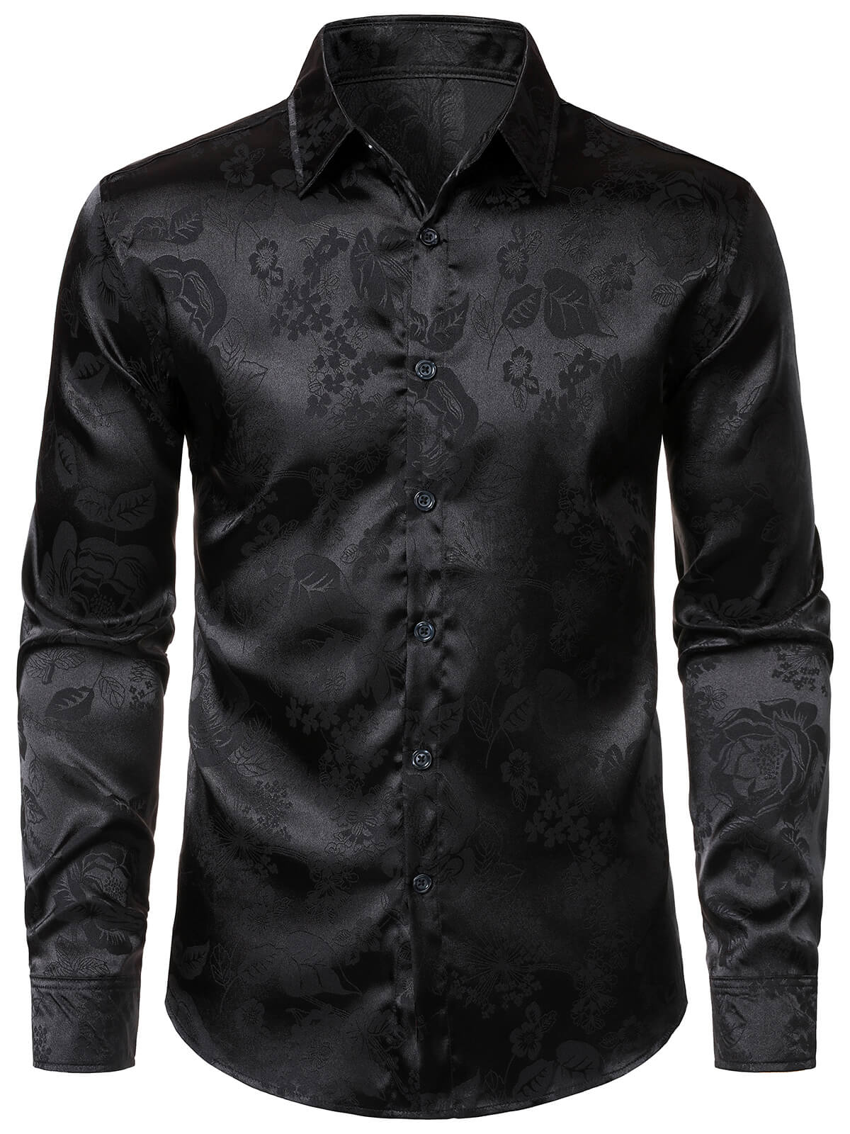 Camisa de vestir floral Jacquard Shiny Satin Black de manga larga para hombre