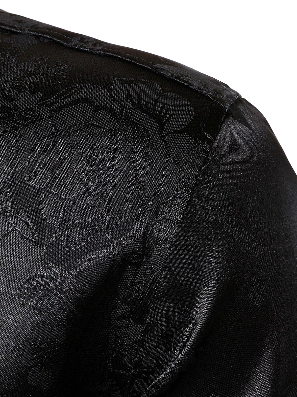 Camisa de vestir floral Jacquard Shiny Satin Black de manga larga para hombre