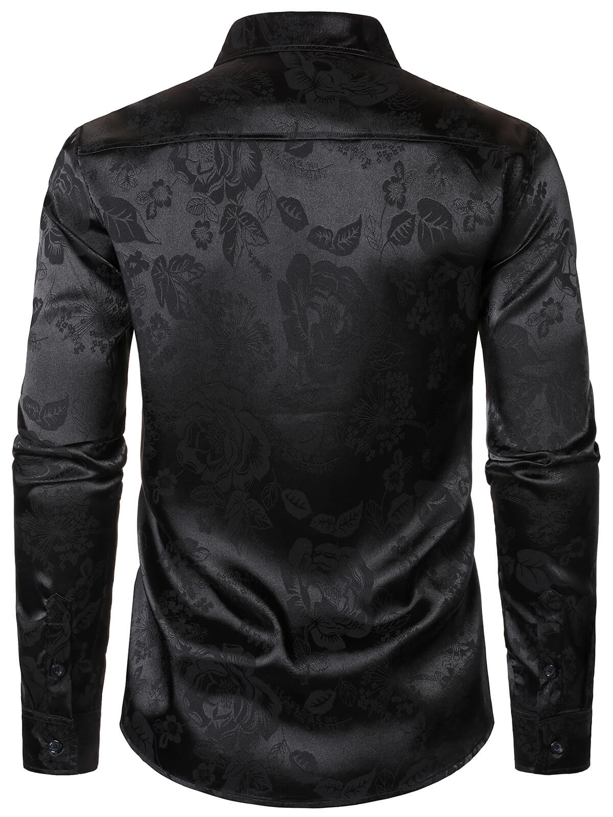 Camisa de vestir floral Jacquard Shiny Satin Black de manga larga para hombre
