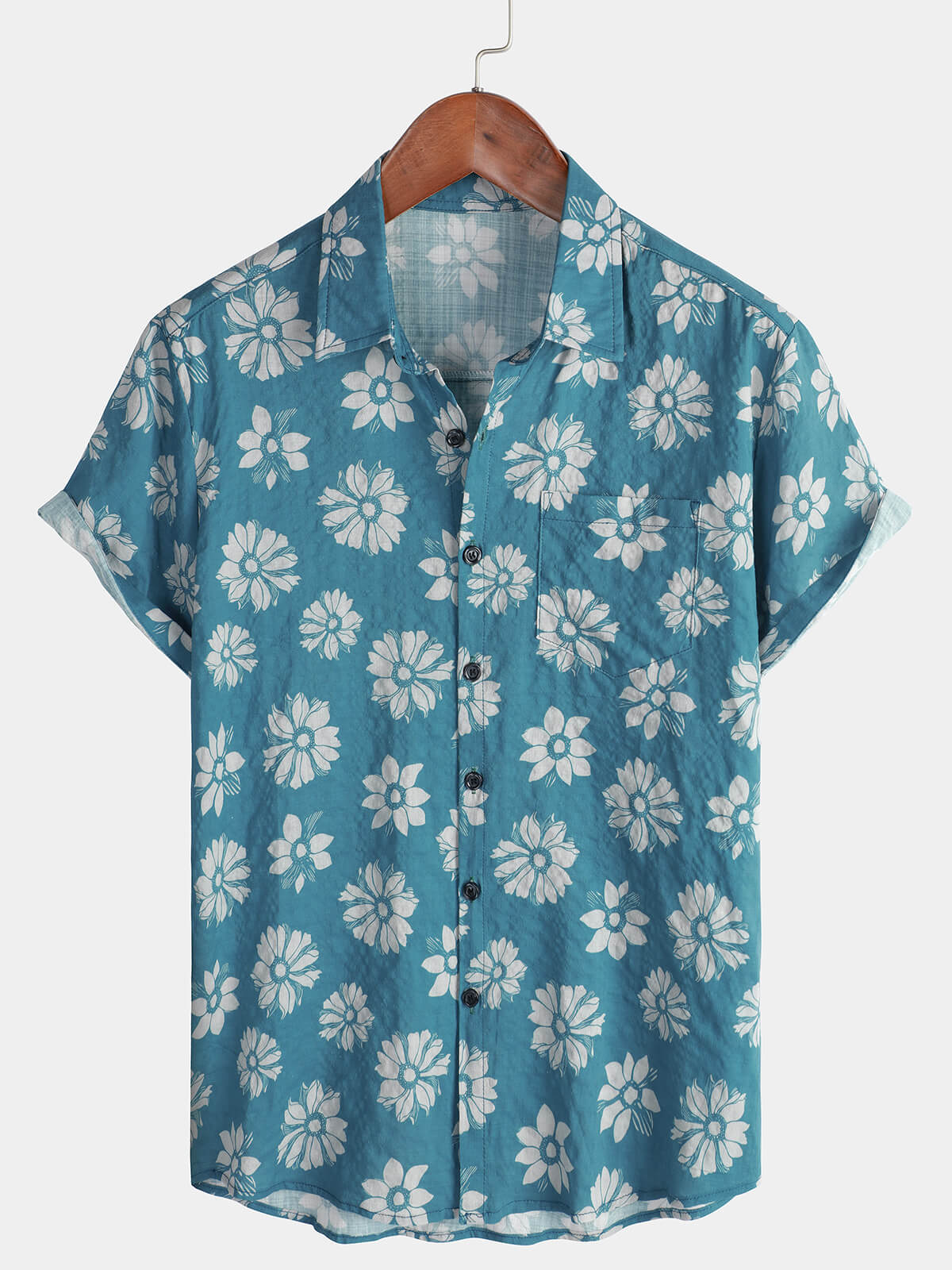 Camisa Blue floral de manga corta Summer de algodón Hawaiian Button Up para hombre